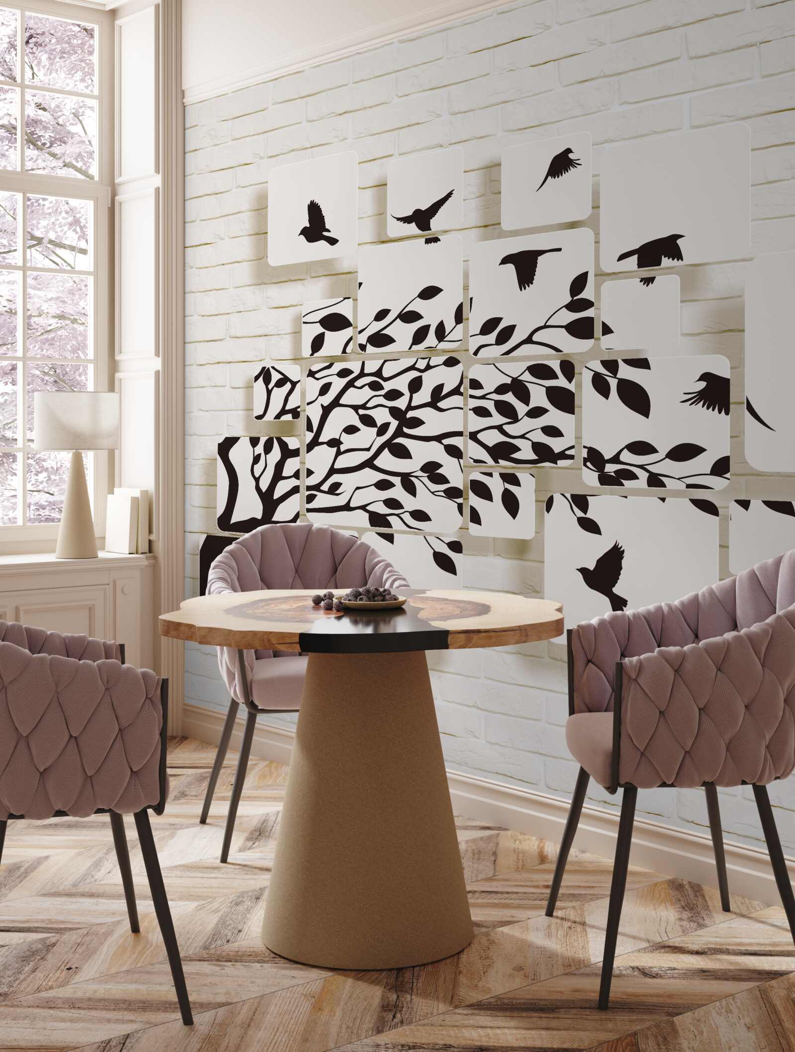 Fototapeten Die Vögel lassen den Baum unter der Böe des Windes