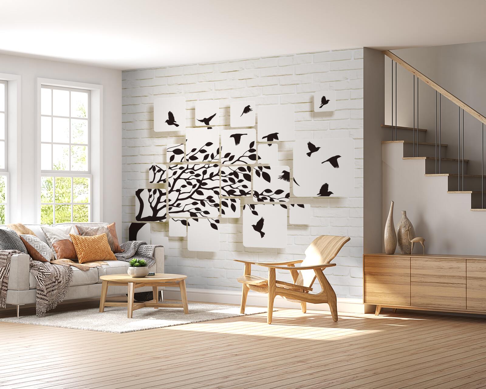 Fototapeten Die Vögel lassen den Baum unter der Böe des Windes