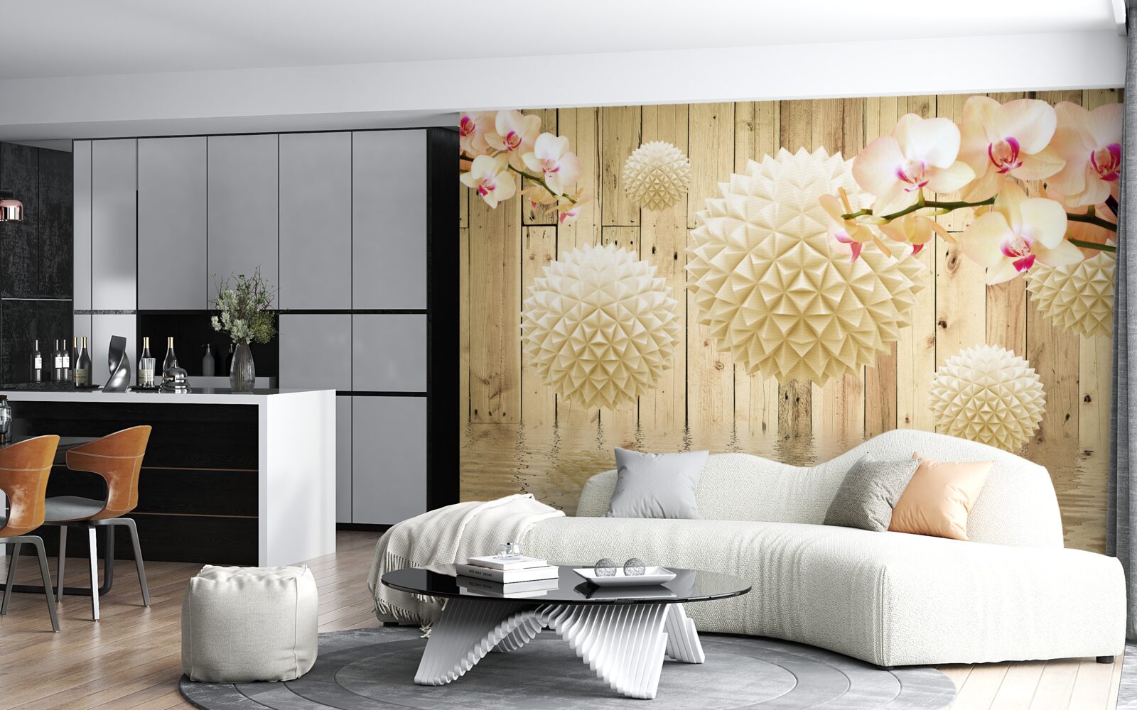 Fototapeten Schwimmende runde Formen mit Orchideenästen