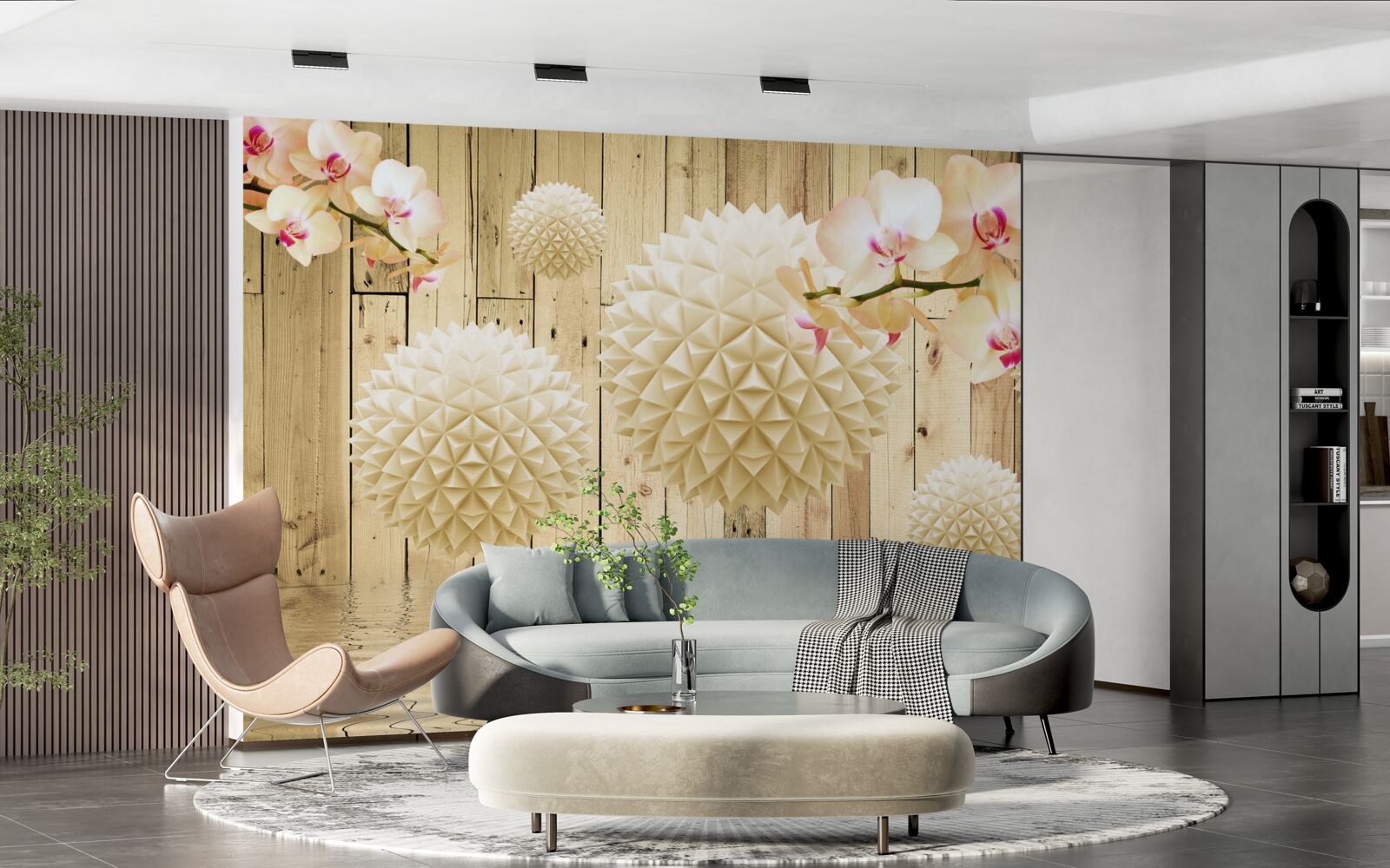 Fototapeten Schwimmende runde Formen mit Orchideenästen