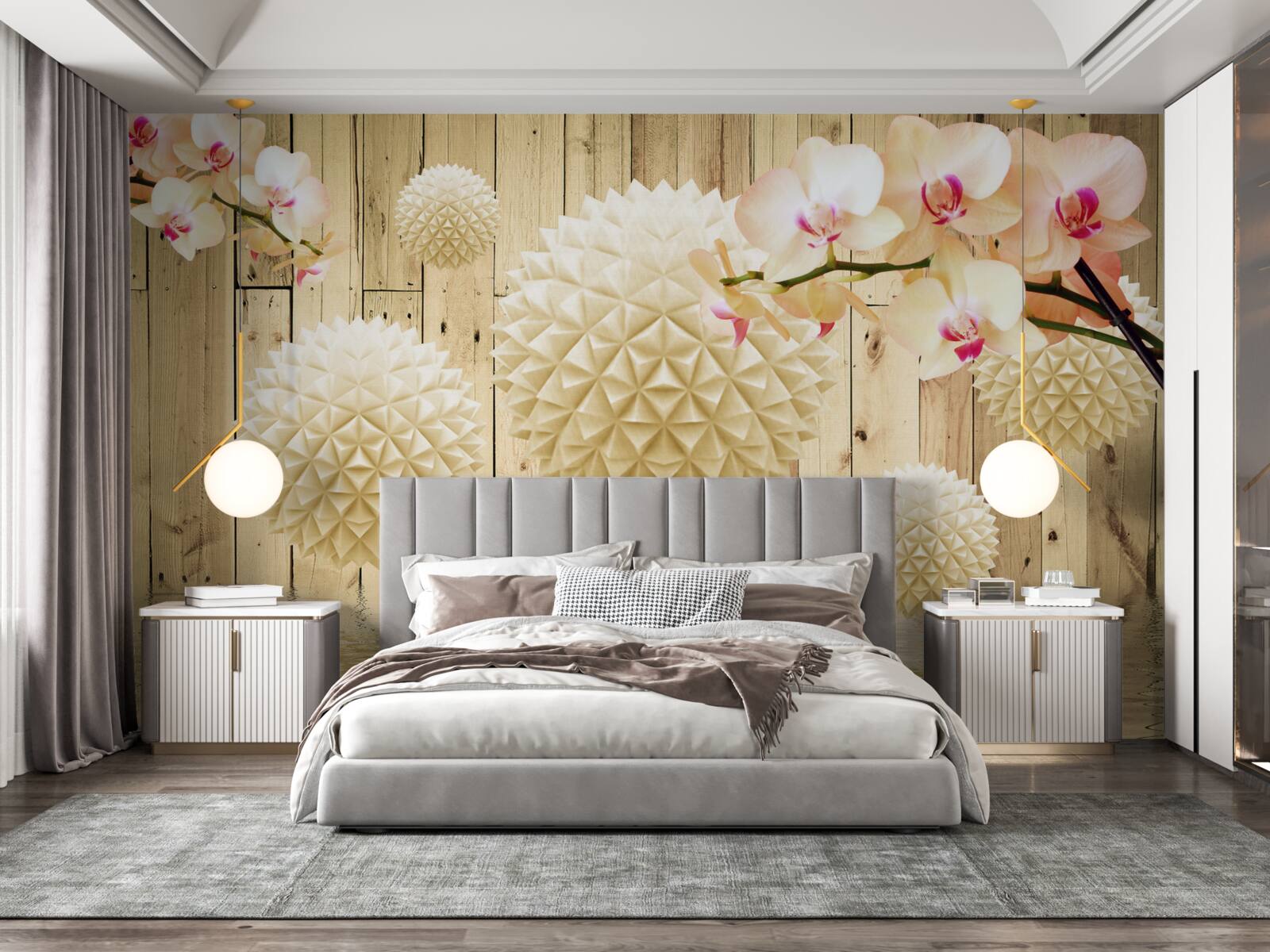 Fototapeten Schwimmende runde Formen mit Orchideenästen