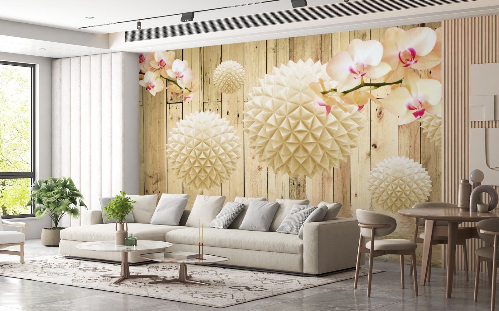 Fototapeten Schwimmende runde Formen mit Orchideenästen