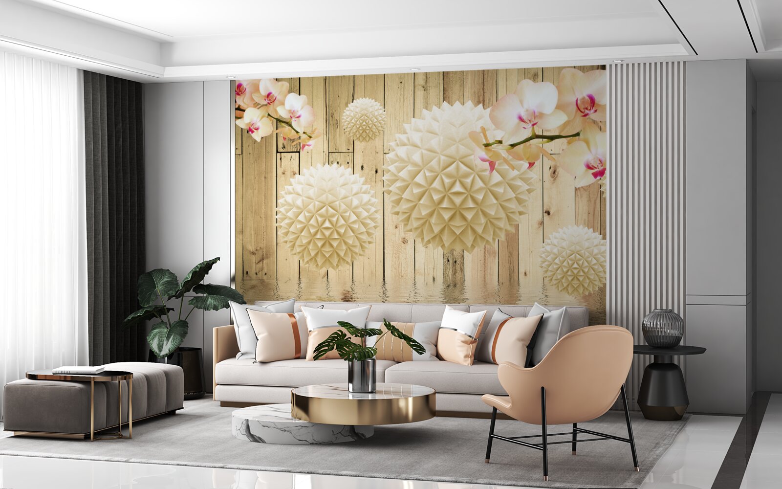 Fototapeten Schwimmende runde Formen mit Orchideenästen