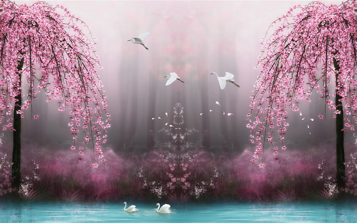 Fototapeten Am Abend, in der Nähe des Wassers mit einem bläulichen Schatten, machen die Zweige von Sakura in dichten Reihen die Landschaft malerisch