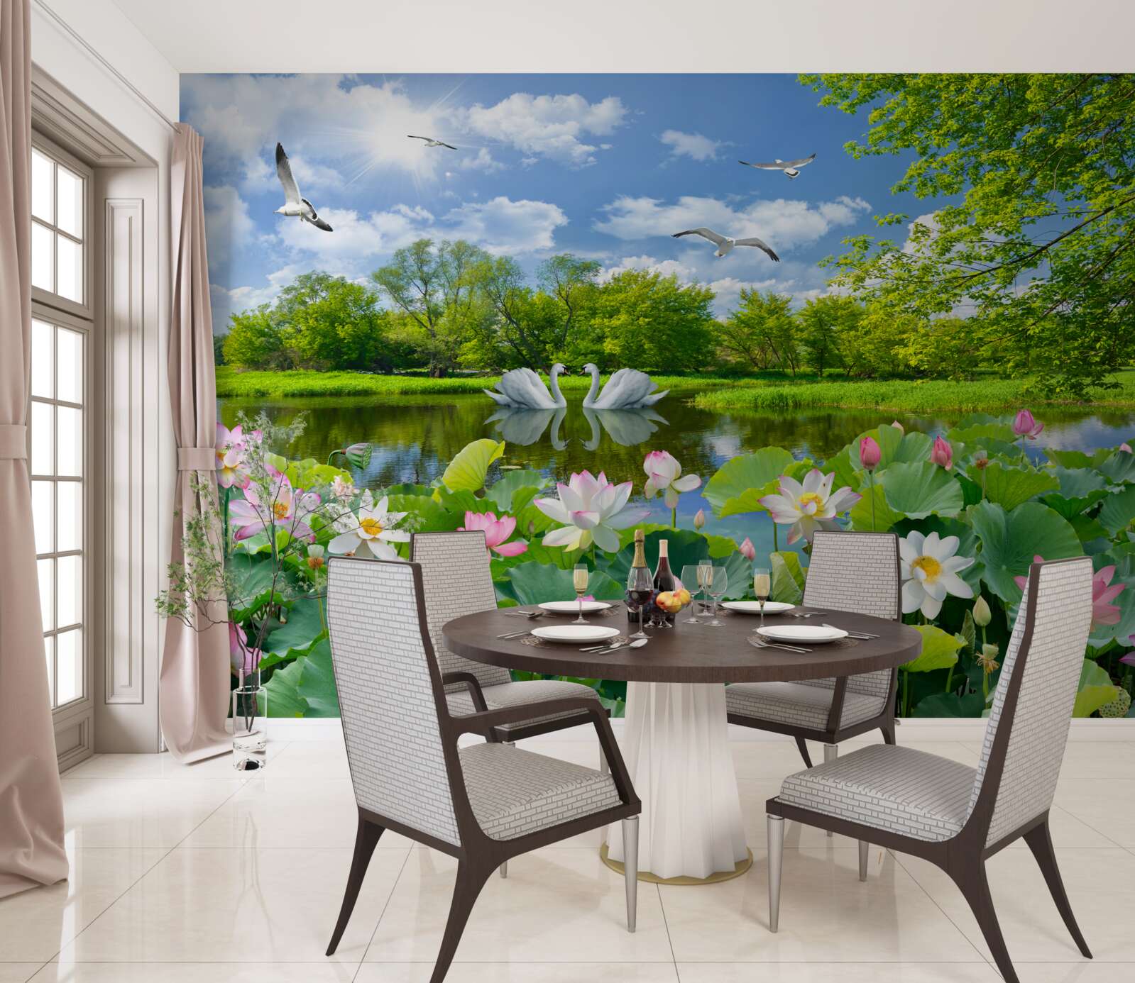 Fototapeten Ein Wald in der Nähe von Wasser und Sommerblumen