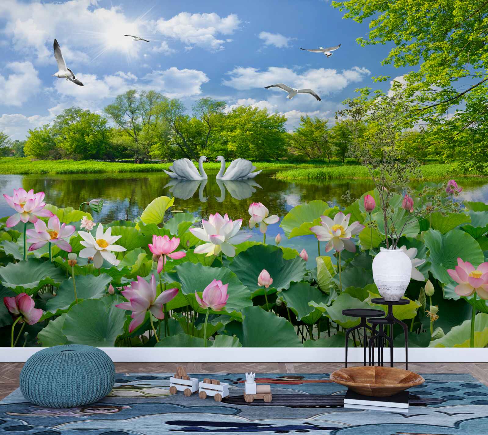 Fototapeten Ein Wald in der Nähe von Wasser und Sommerblumen