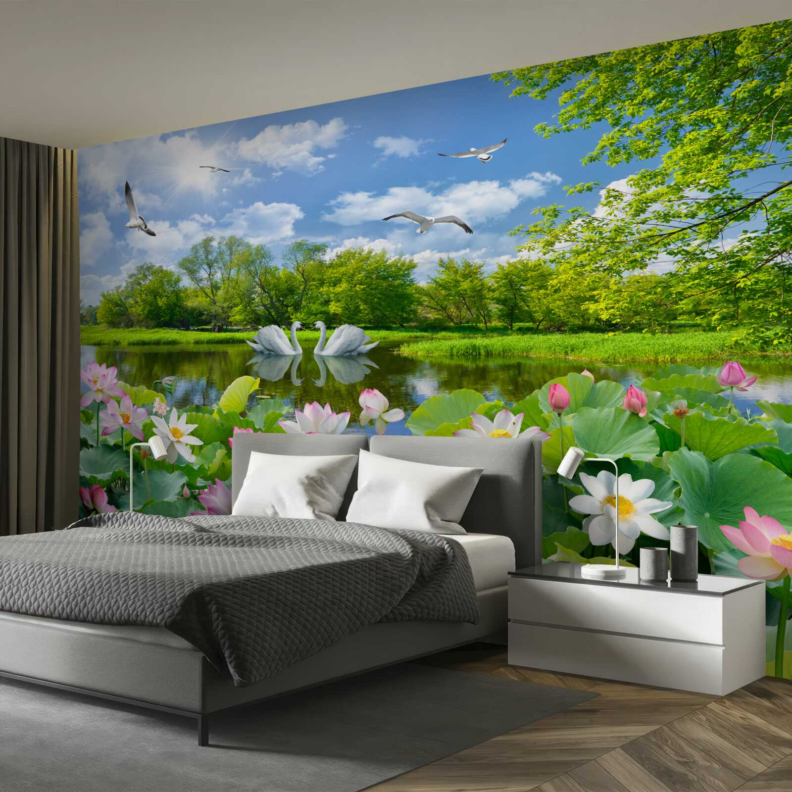 Fototapeten Ein Wald in der Nähe von Wasser und Sommerblumen