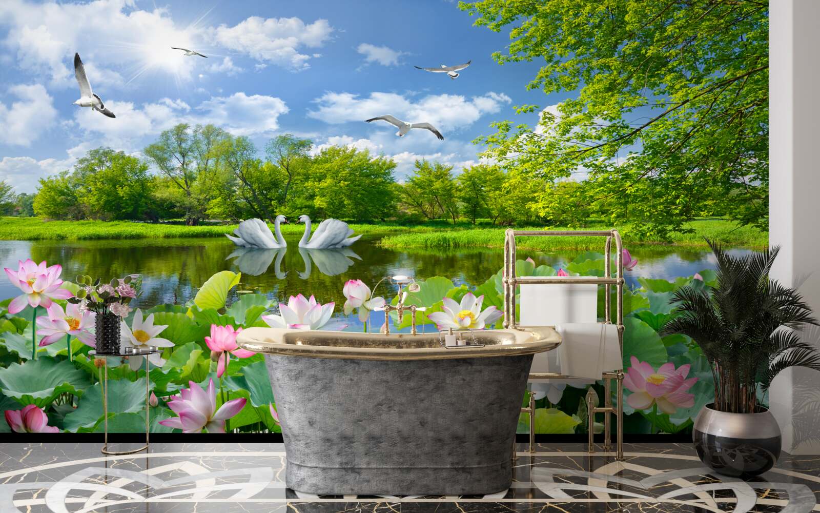 Fototapeten Ein Wald in der Nähe von Wasser und Sommerblumen