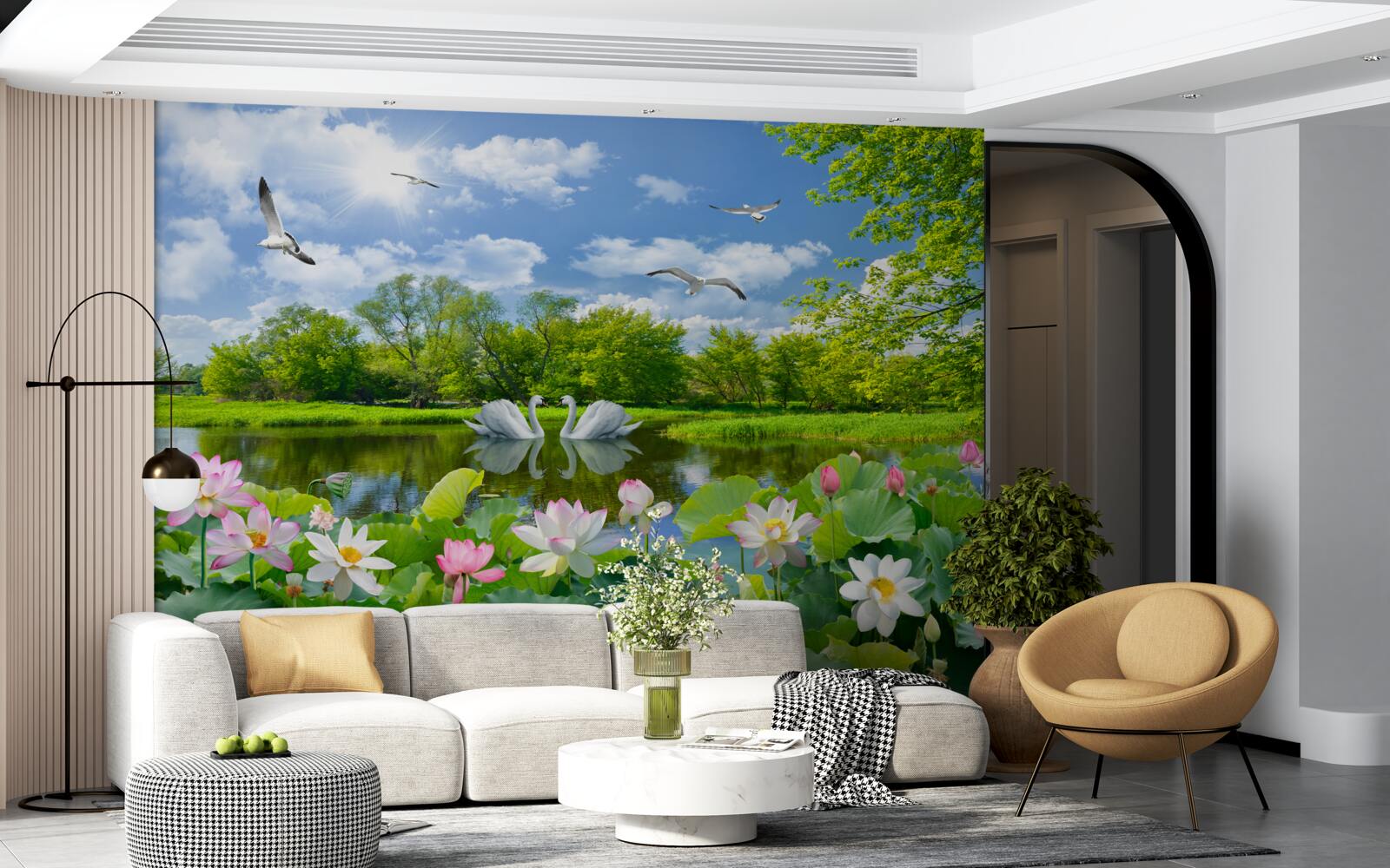 Fototapeten Ein Wald in der Nähe von Wasser und Sommerblumen