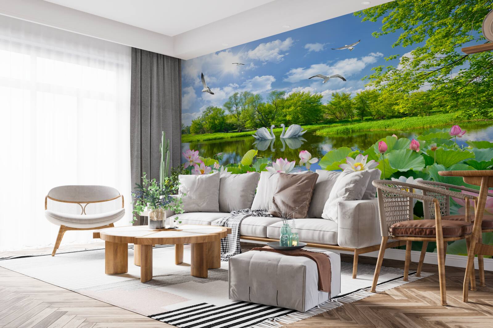Fototapeten Ein Wald in der Nähe von Wasser und Sommerblumen