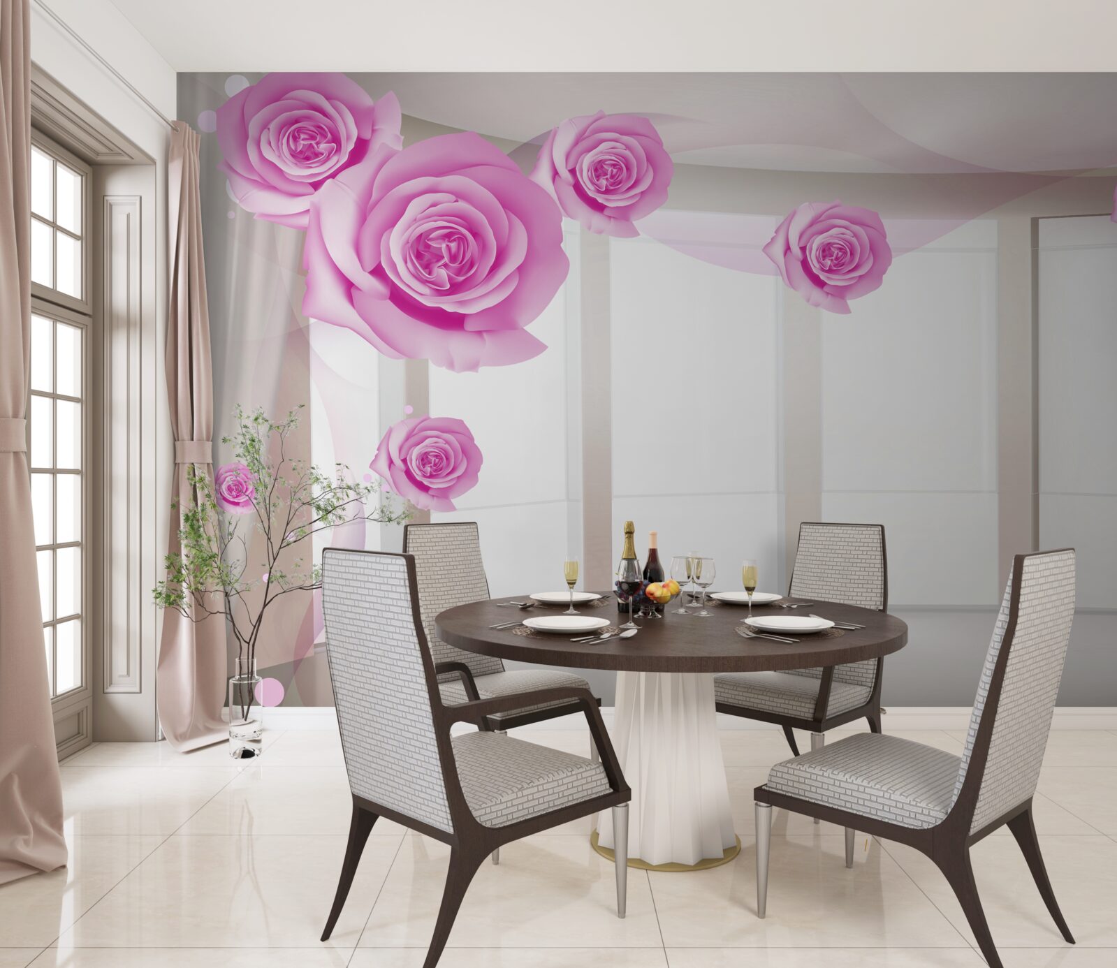 Fototapeten Auf dem geräumigen Balkon blühten rosa Rosen
