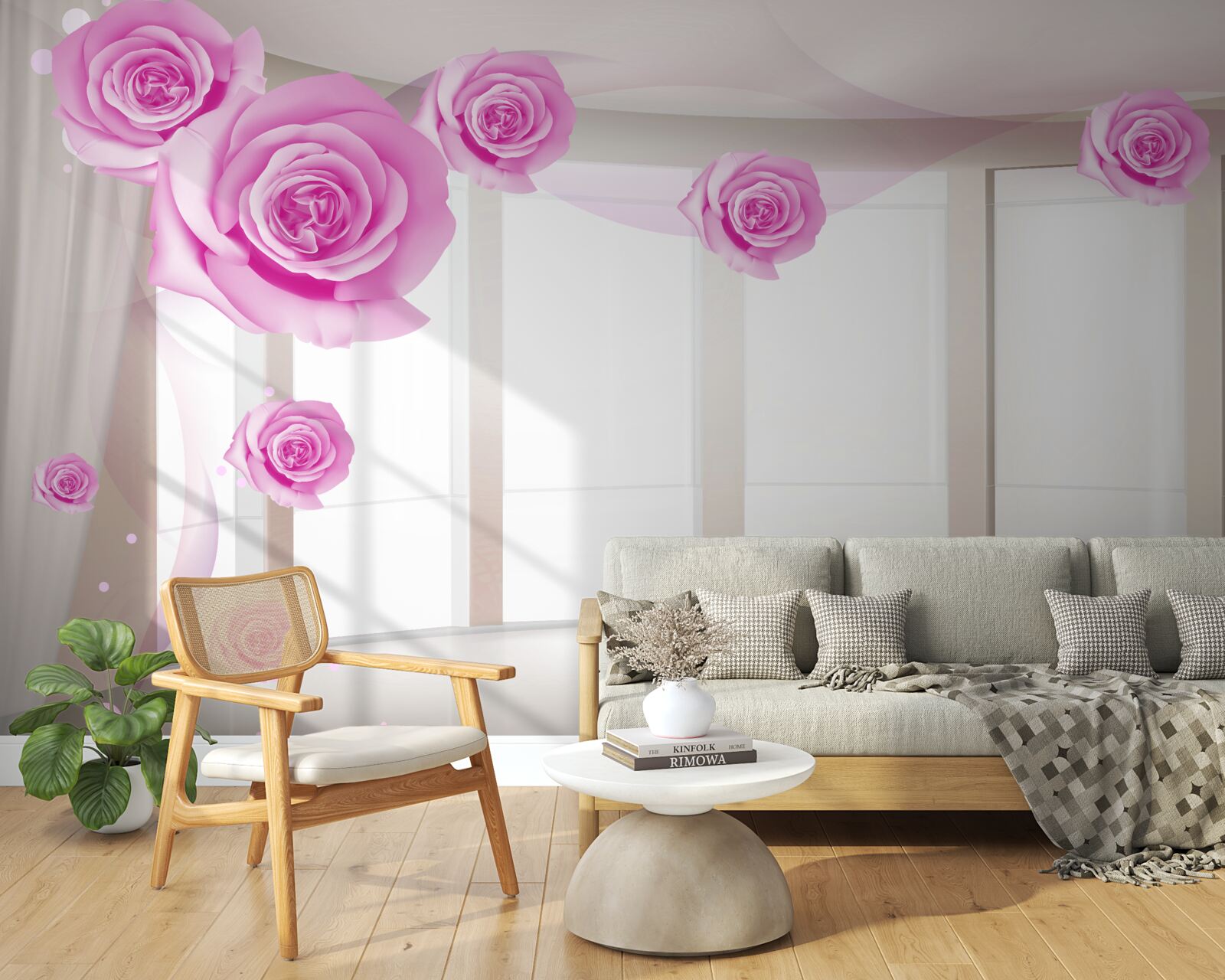 Fototapeten Auf dem geräumigen Balkon blühten rosa Rosen