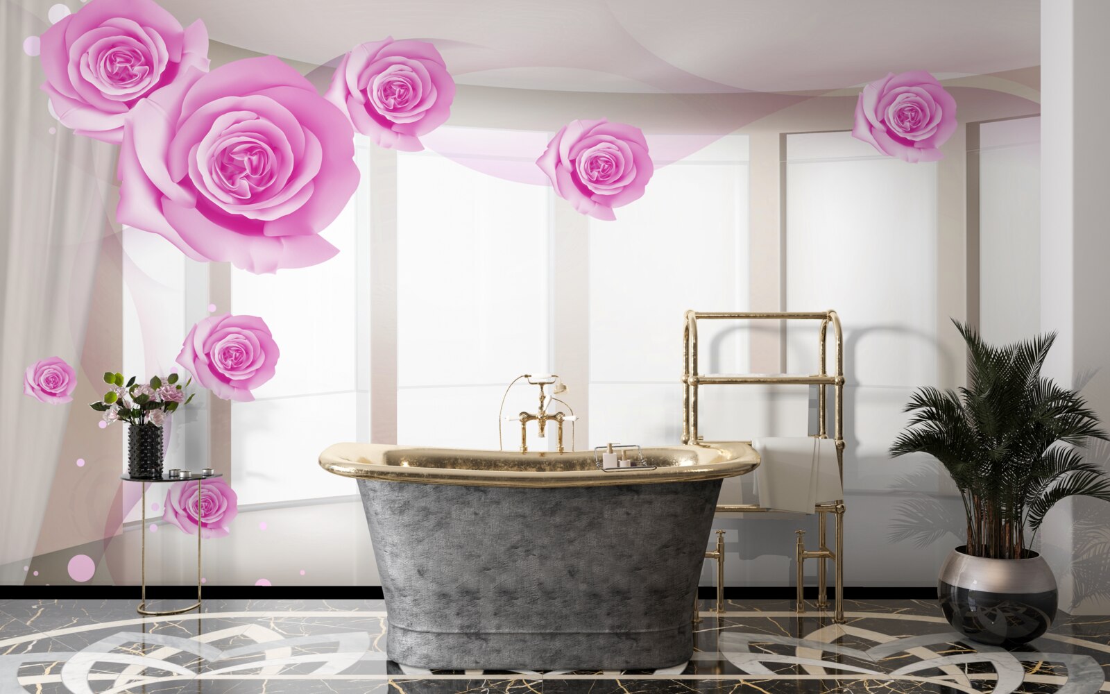 Fototapeten Auf dem geräumigen Balkon blühten rosa Rosen