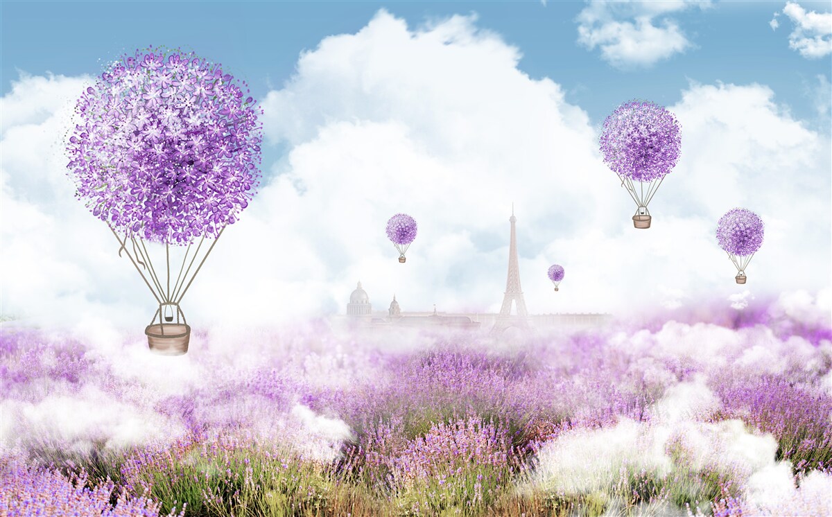 Fototapeten Warme Luftballons fliegen über das Feld Lavendel
