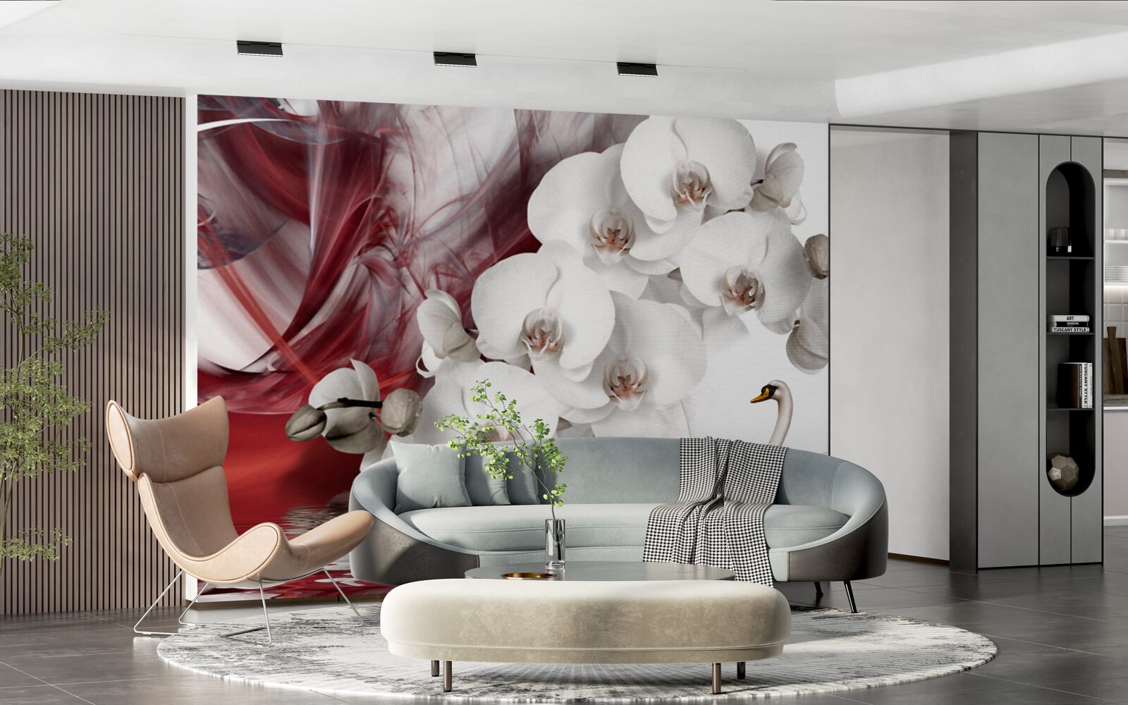 Fototapeten Orchidee mit weißen Knospen in der Nähe des Teichs mit Schwänen