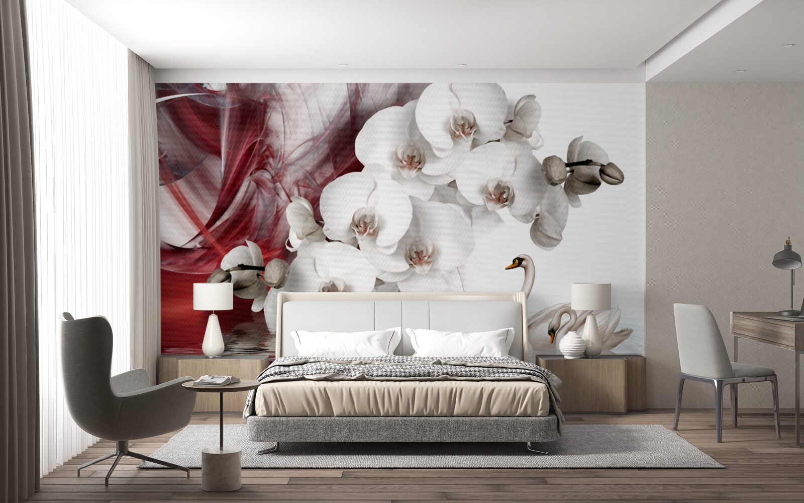 Fototapeten Orchidee mit weißen Knospen in der Nähe des Teichs mit Schwänen