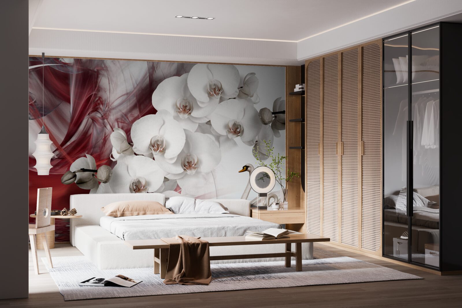 Fototapeten Orchidee mit weißen Knospen in der Nähe des Teichs mit Schwänen