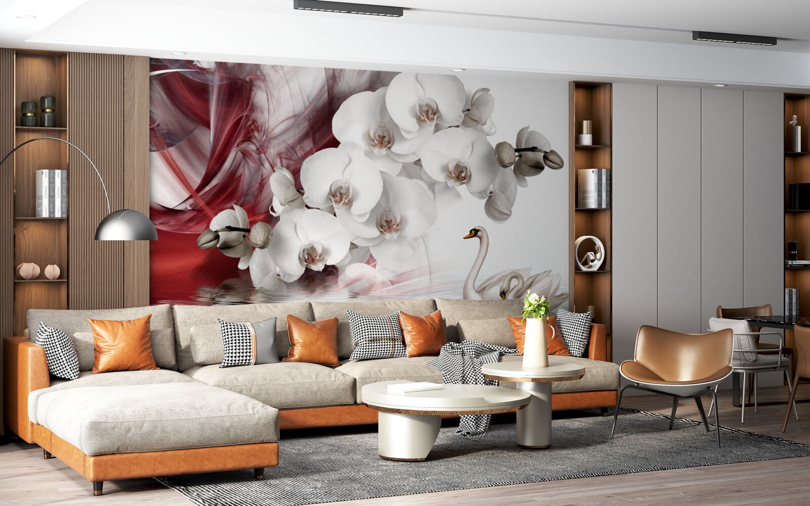 Fototapeten Orchidee mit weißen Knospen in der Nähe des Teichs mit Schwänen