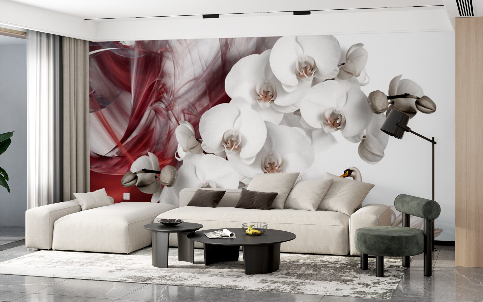 Fototapeten Orchidee mit weißen Knospen in der Nähe des Teichs mit Schwänen
