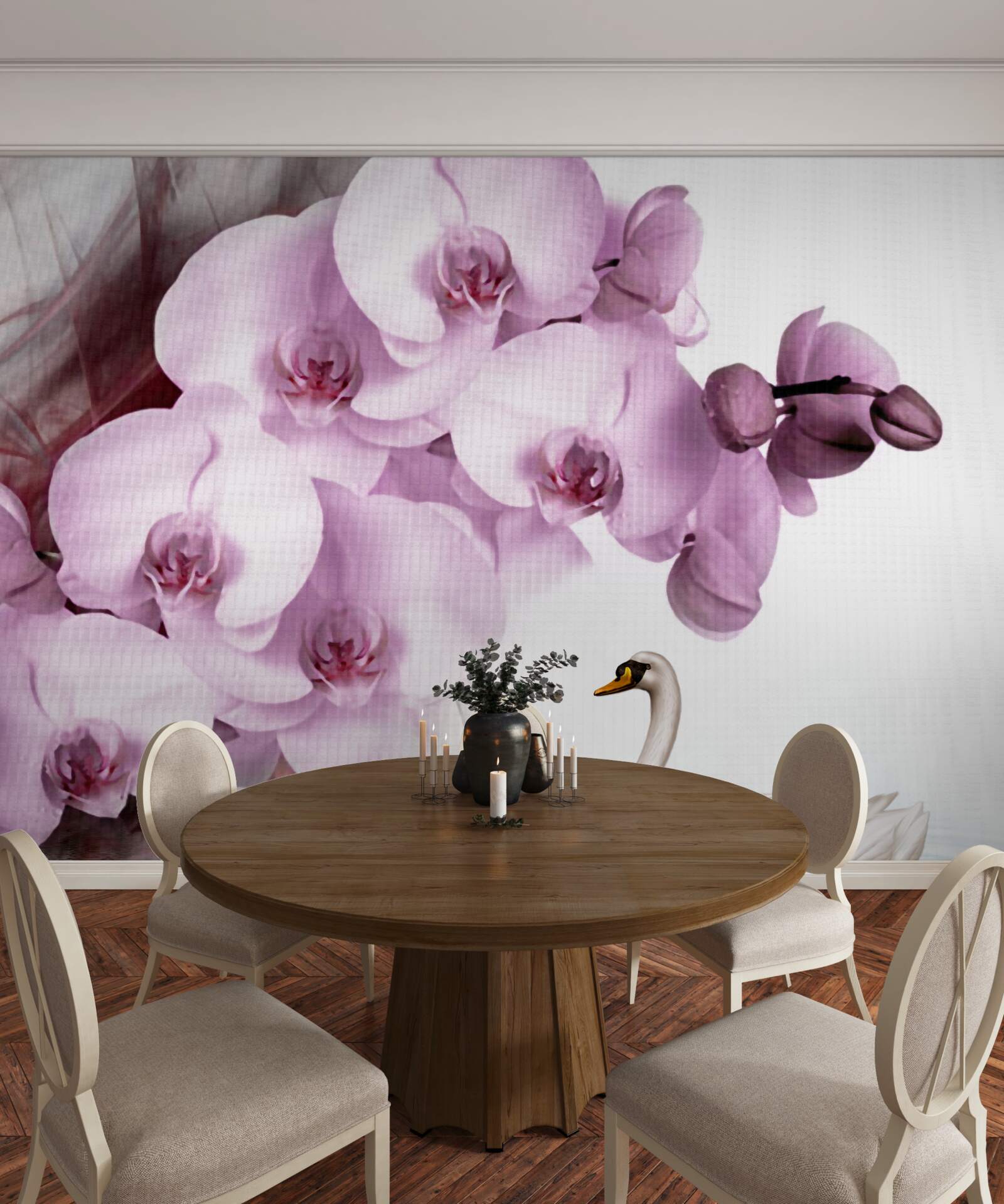 Fototapeten Schwäne auf der Oberfläche des Wassers und einer zarten Blume aus lila Orchidee
