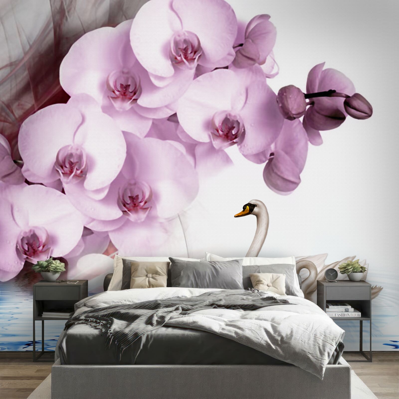 Fototapeten Schwäne auf der Oberfläche des Wassers und einer zarten Blume aus lila Orchidee
