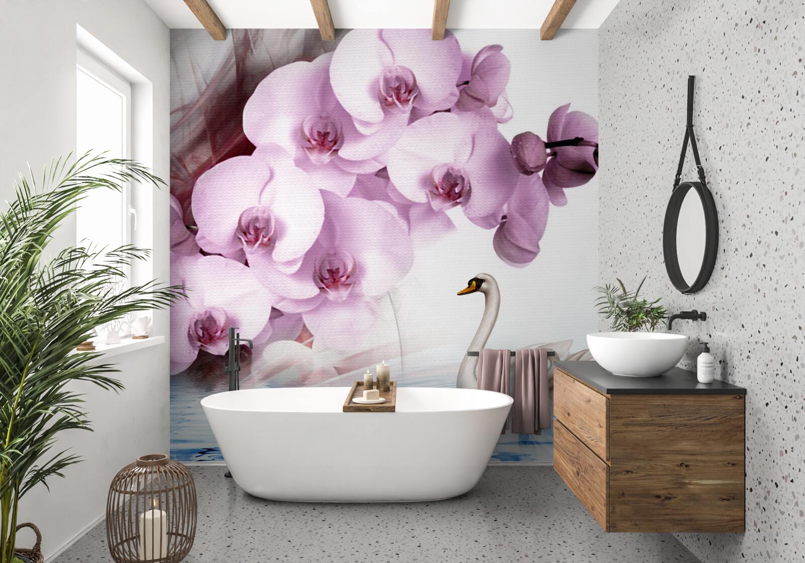 Fototapeten Schwäne auf der Oberfläche des Wassers und einer zarten Blume aus lila Orchidee