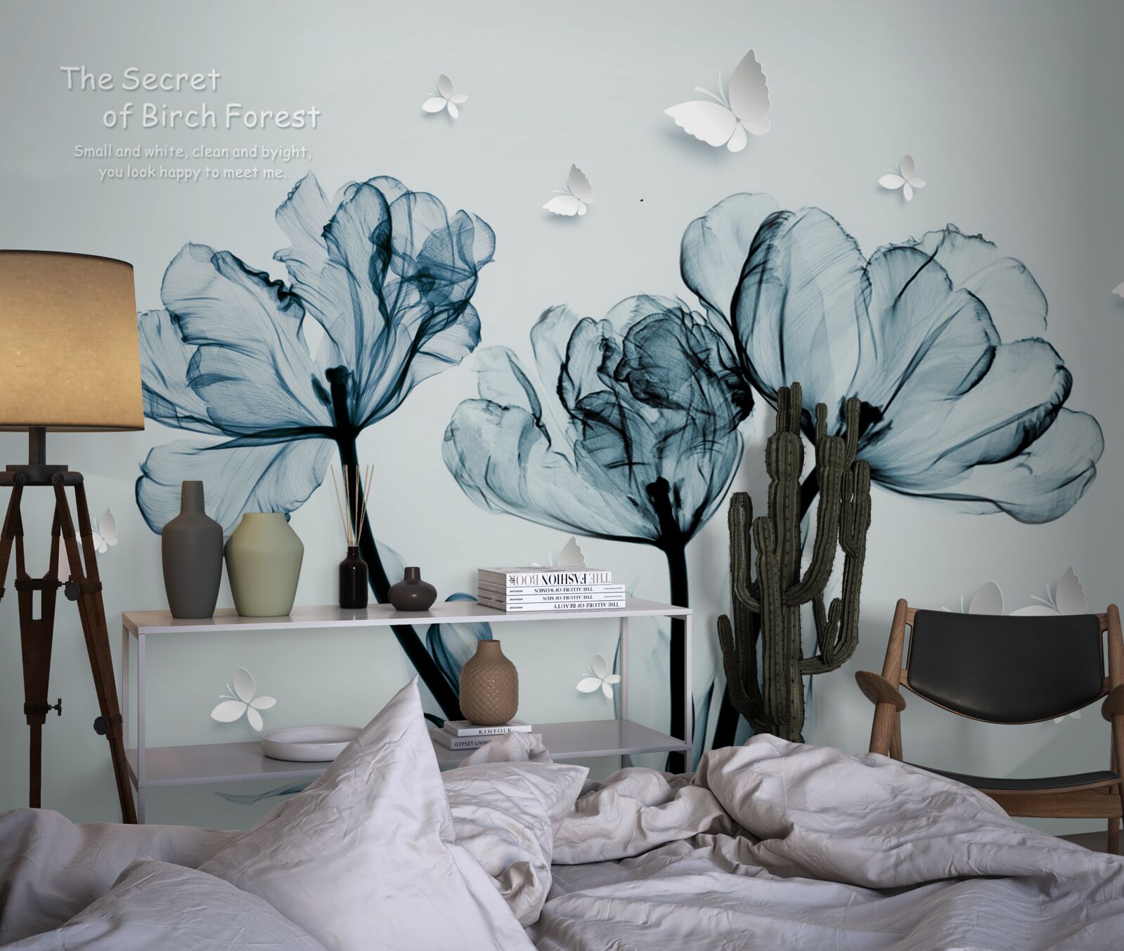 Fototapeten zarte Mohnblumen und leichte Schmetterlinge