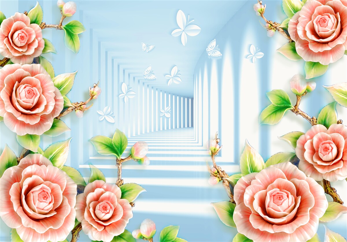 Fototapeten Blauer Tunnel mit rosa Rosen gefüllt