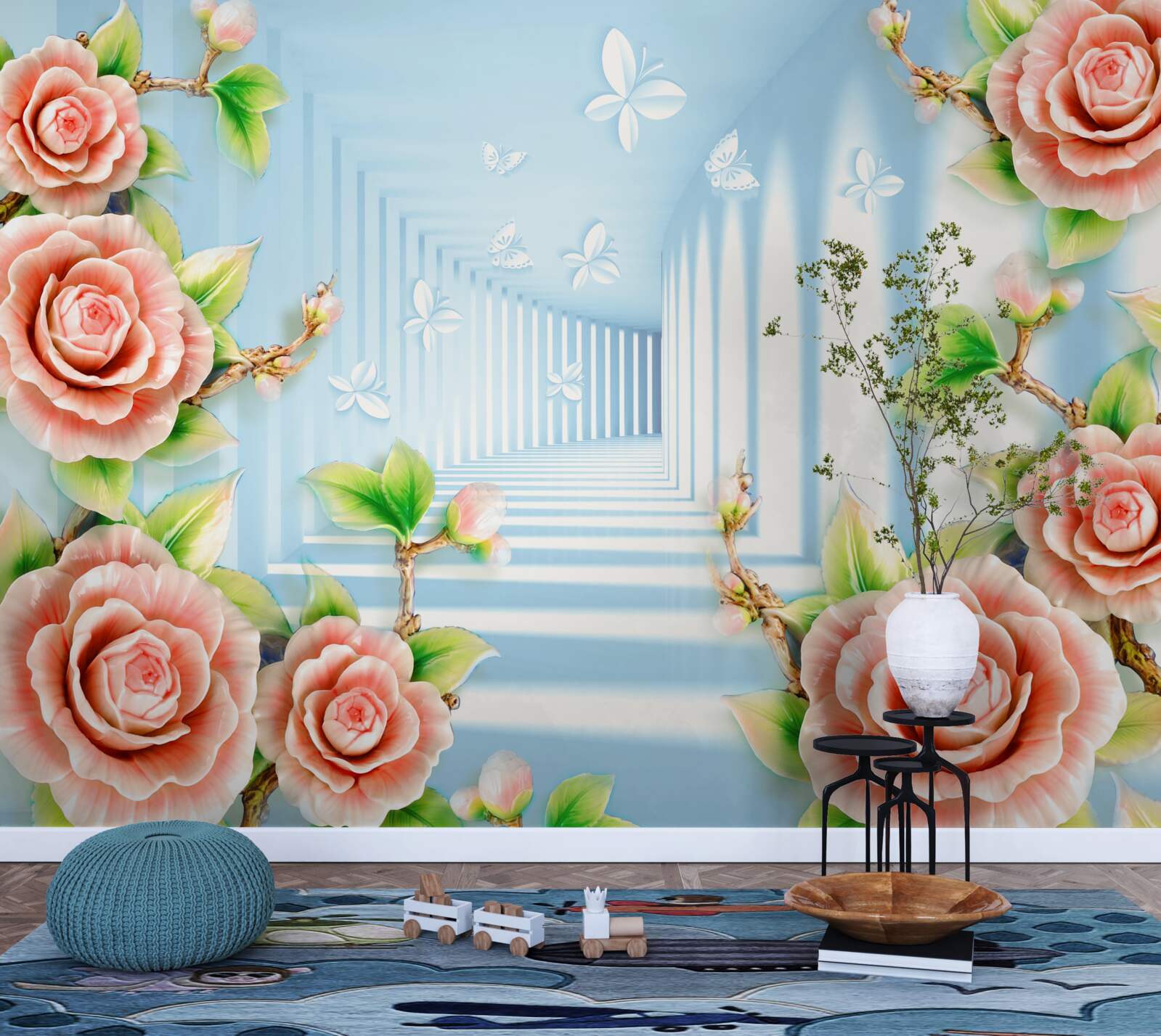 Fototapeten Blauer Tunnel mit rosa Rosen gefüllt