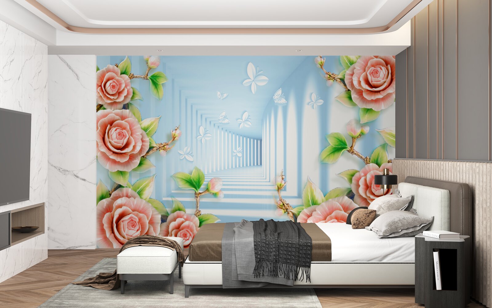 Fototapeten Blauer Tunnel mit rosa Rosen gefüllt