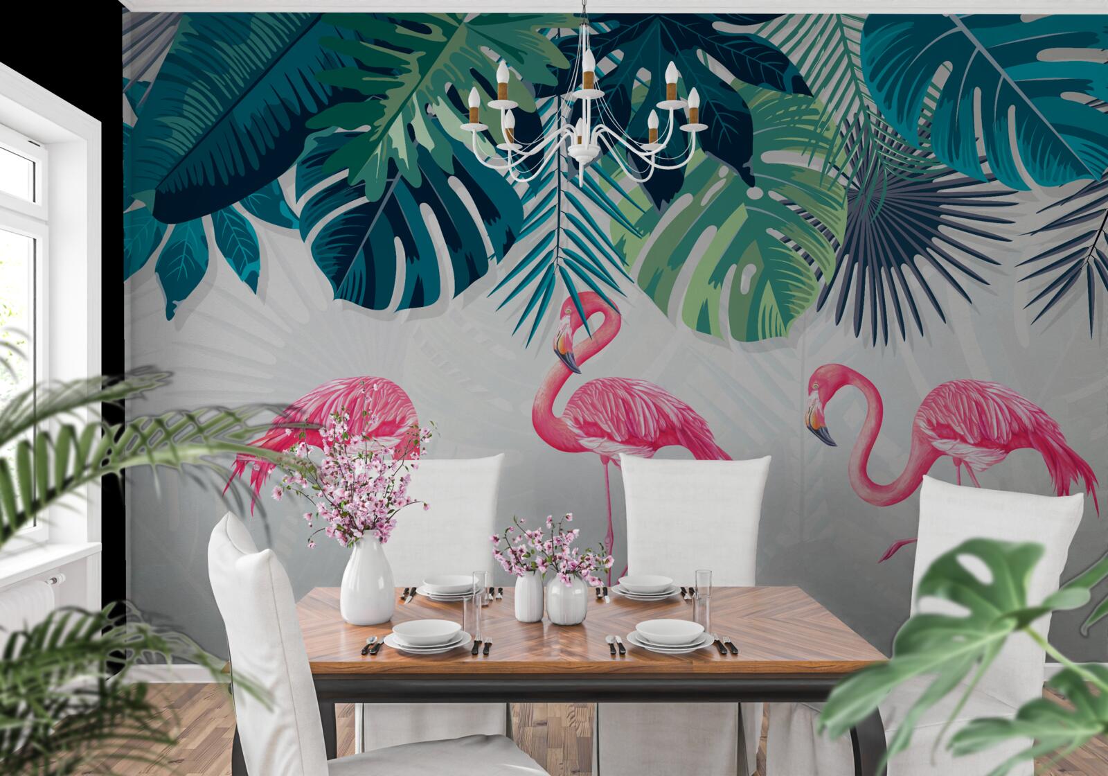 Fototapeten Tropenwälder mit rosa Flamingos