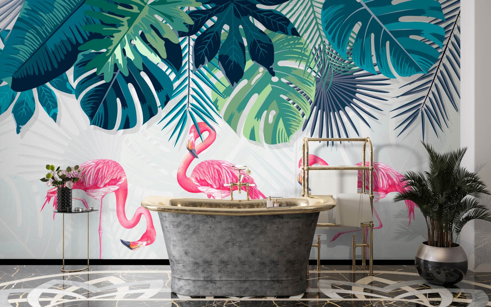 Fototapeten Tropenwälder mit rosa Flamingos