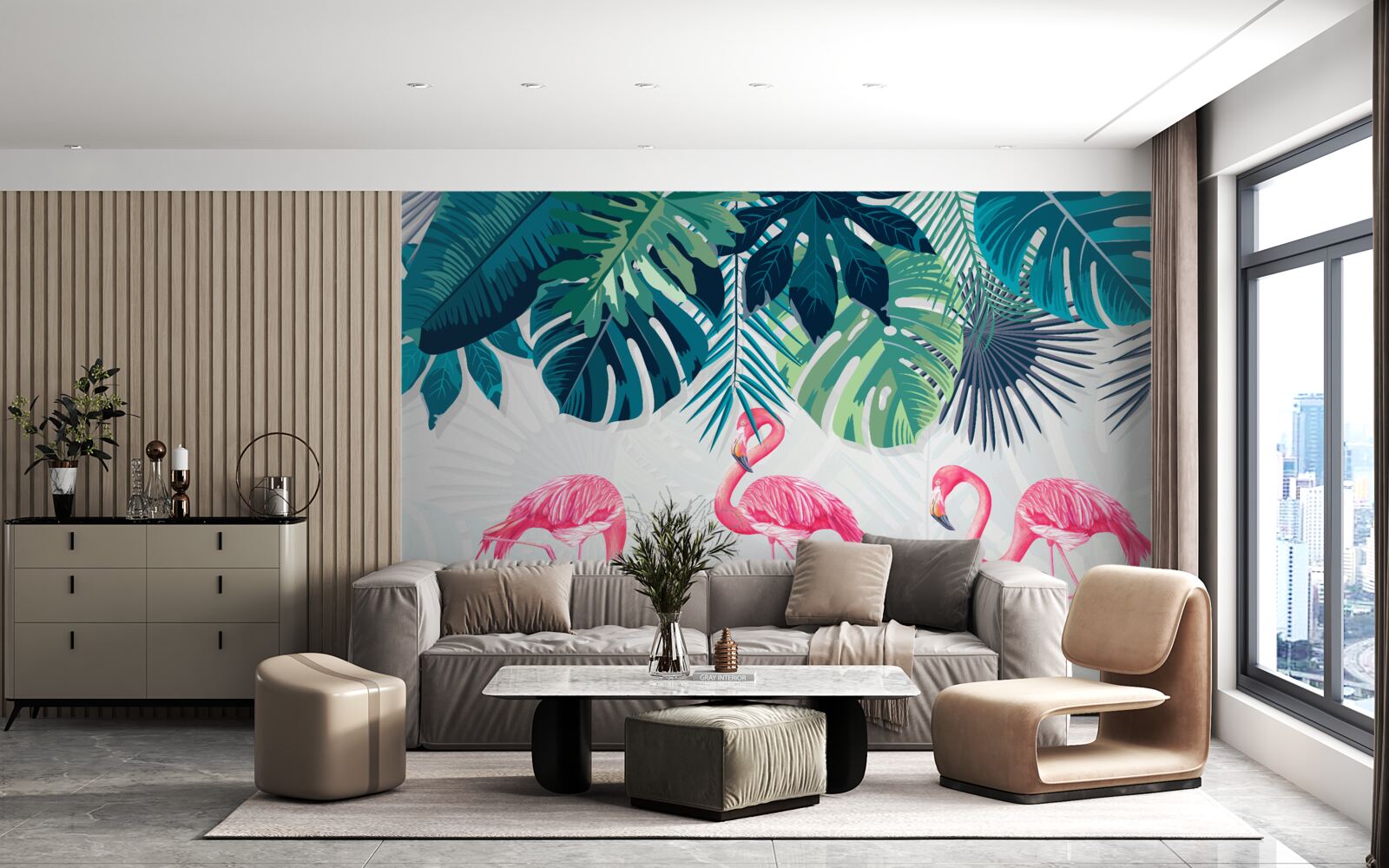 Fototapeten Tropenwälder mit rosa Flamingos