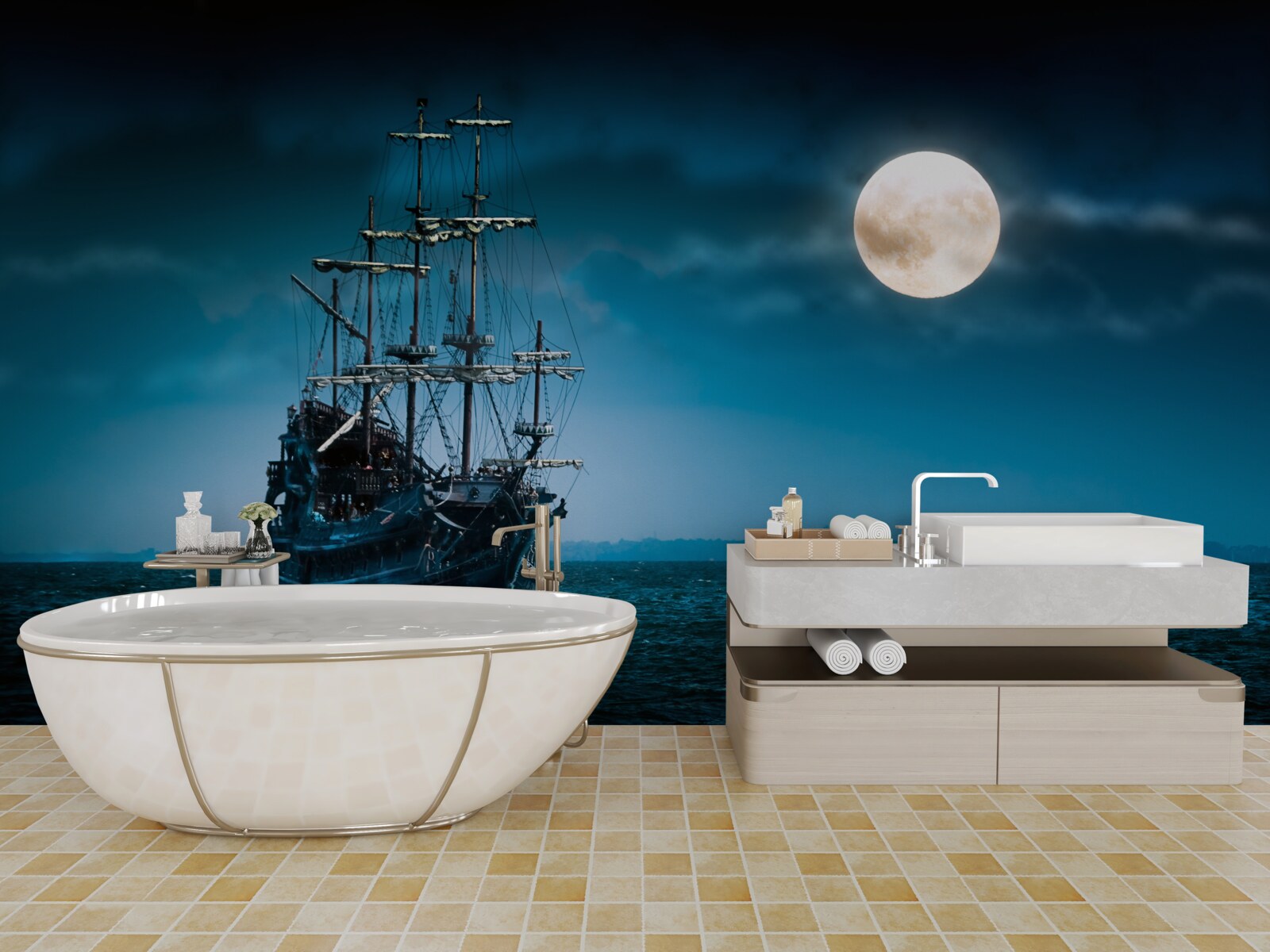 Fototapeten ein altes Schiff im Mondlicht