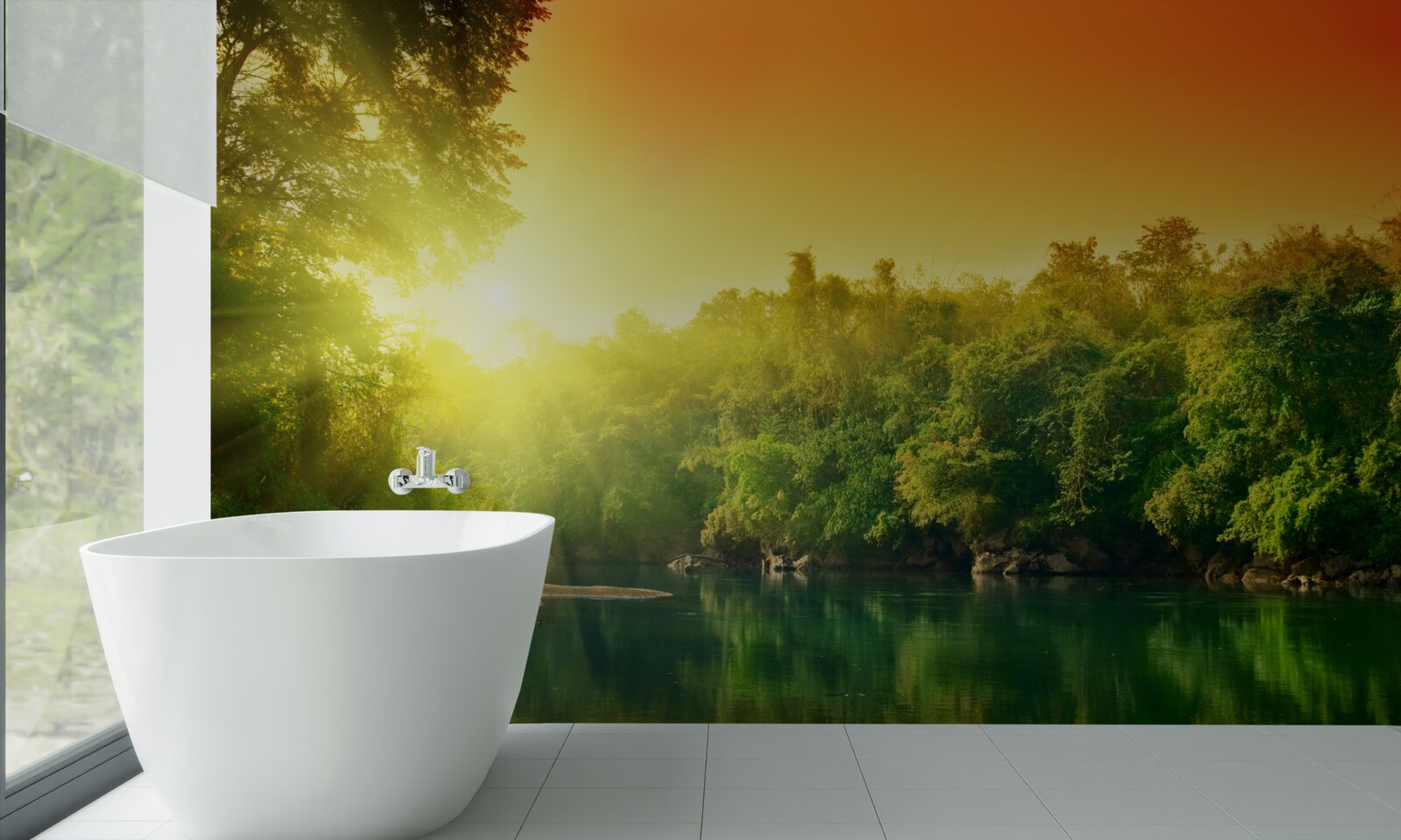 Fototapeten helle Morgendämmerung über einer ruhigen Oberfläche des Wassers