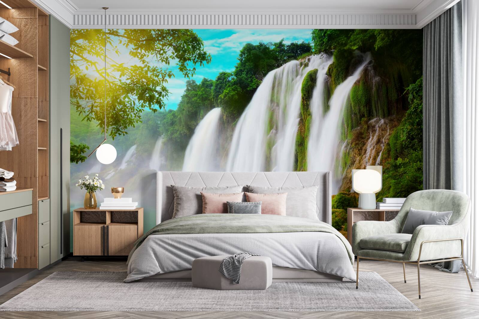 Fototapeten Ein lautes Wasserfall, der in der Sonne schimmert