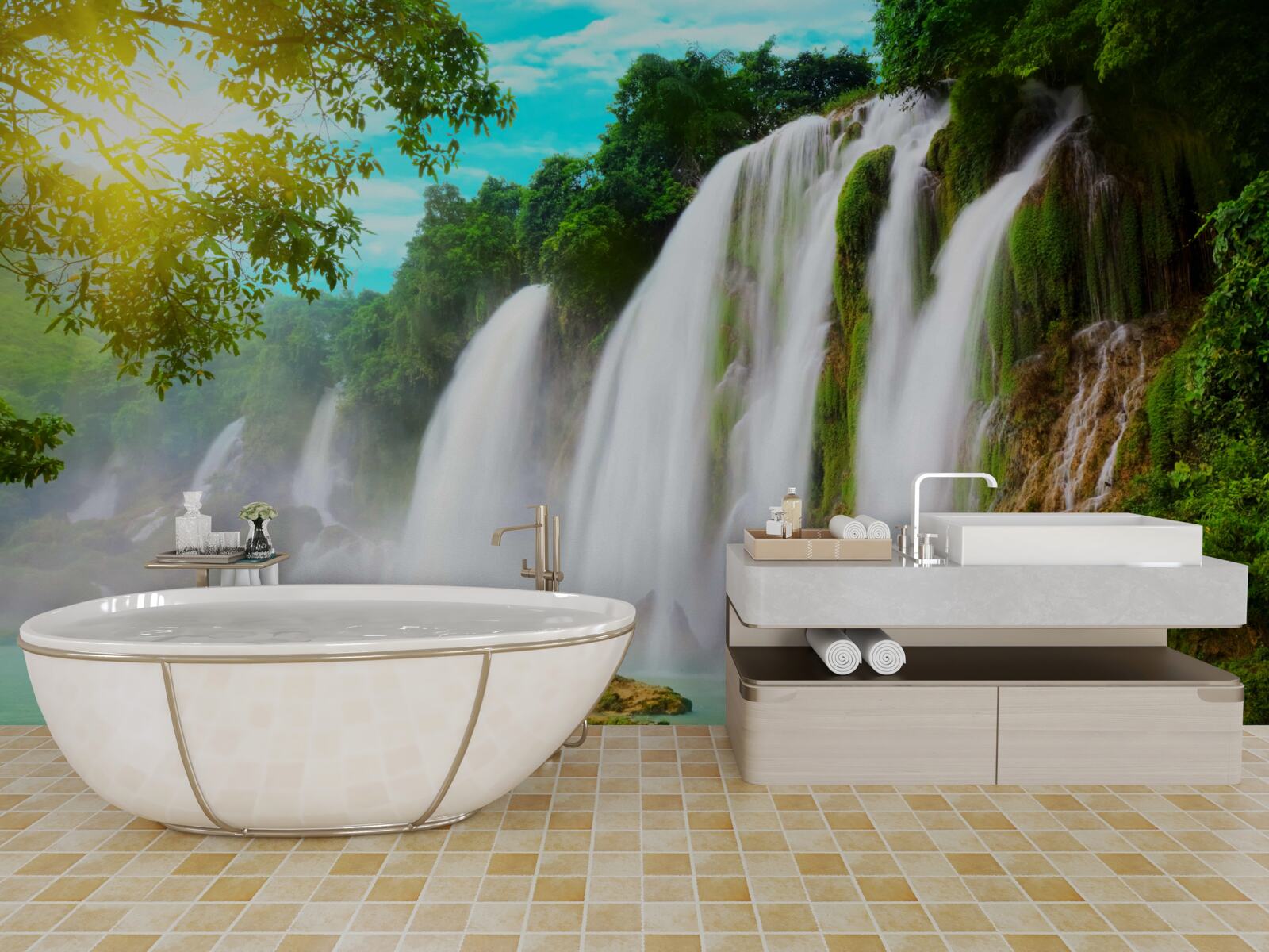 Fototapeten Ein lautes Wasserfall, der in der Sonne schimmert