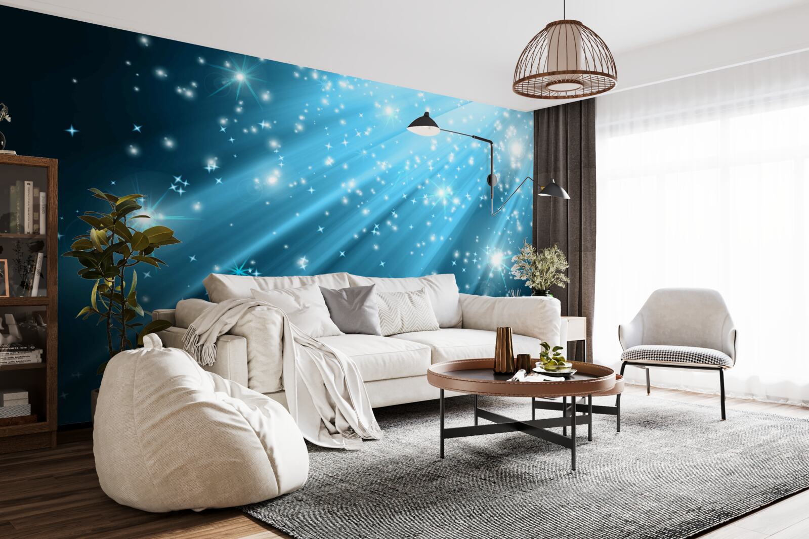 Fototapeten Glühende Mondstrahlen am Himmel mit Sternen übersät