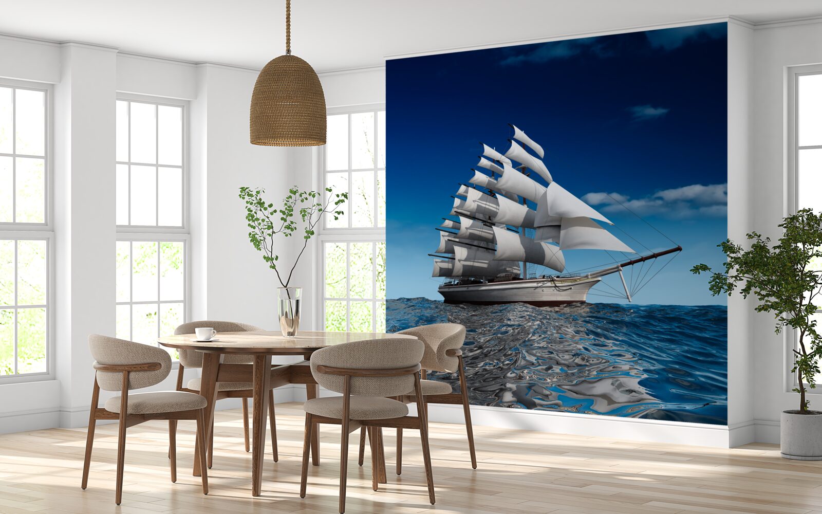 Fototapeten Ein Schiff mit einem Segel auf ruhigem Wasser