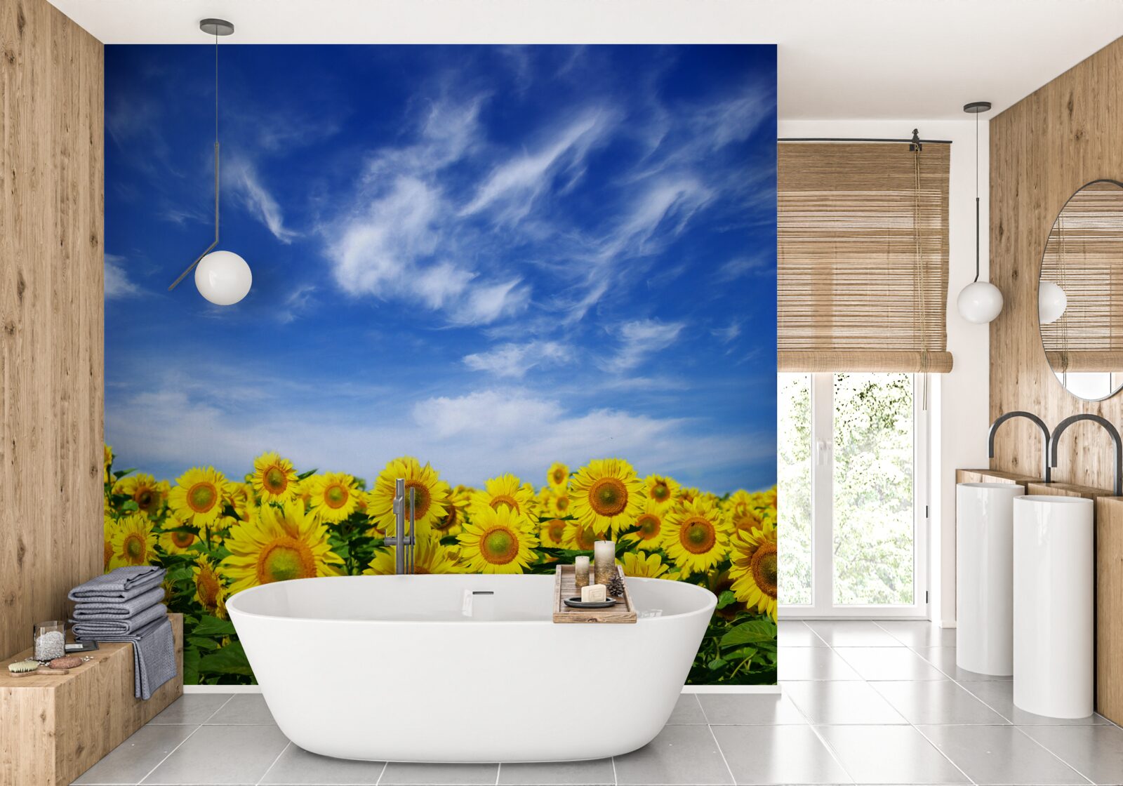 Fototapeten Sonnenblumen heben sich deutlich vom blauen Himmel ab