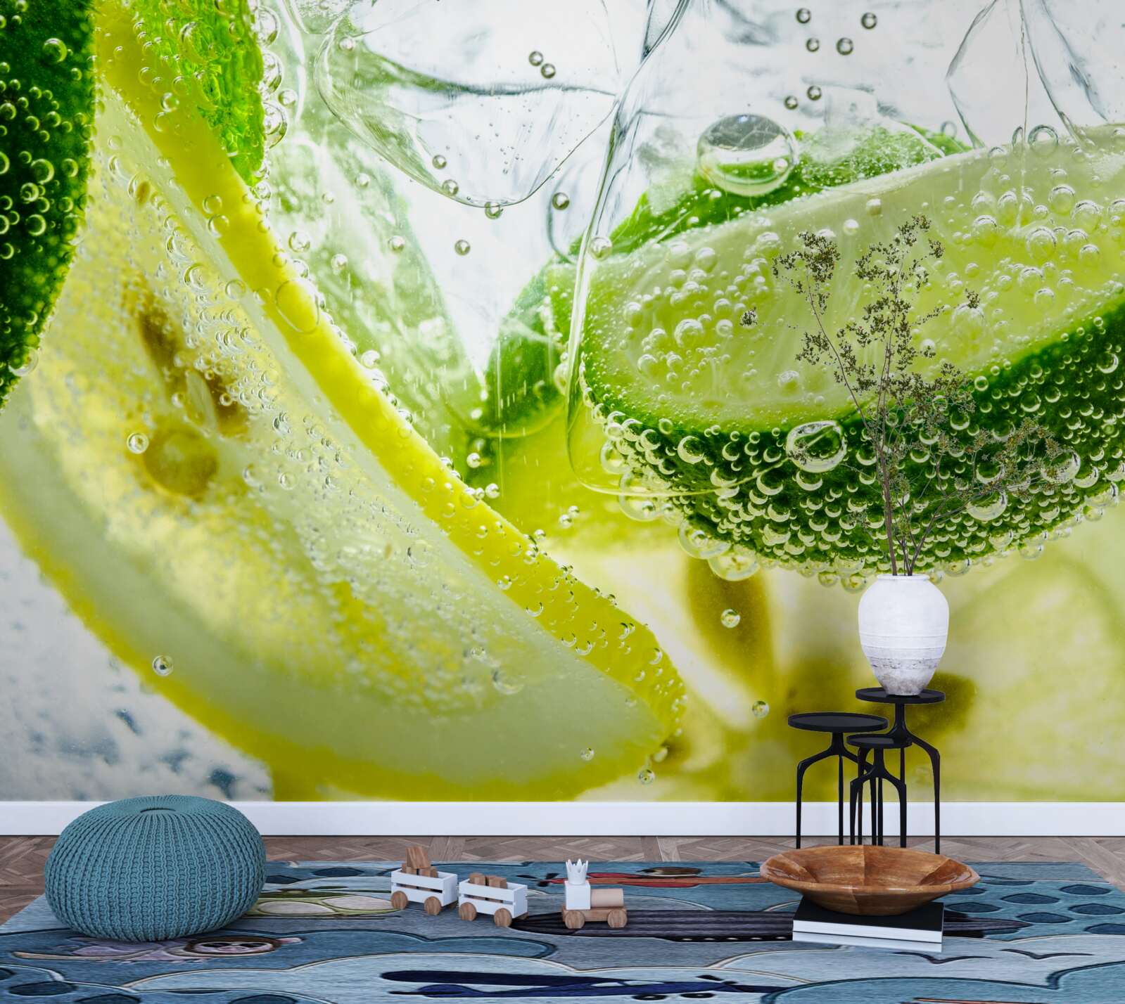 Fototapeten Zitronen- und Limettenscheiben in einem Glas Wasser