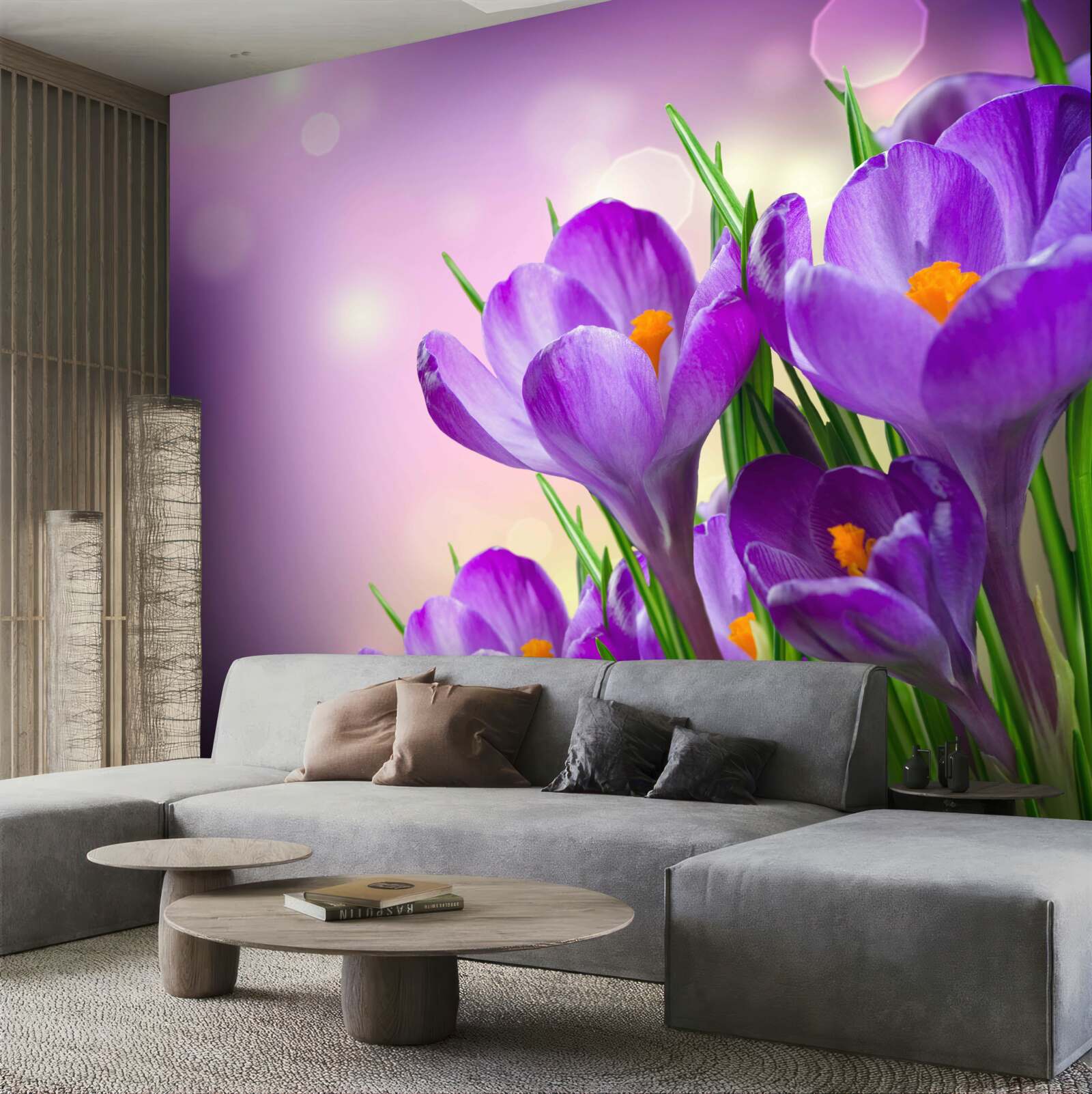Fototapeten Im Morgengrauen blühen Iris in einem zarten lila Schatten