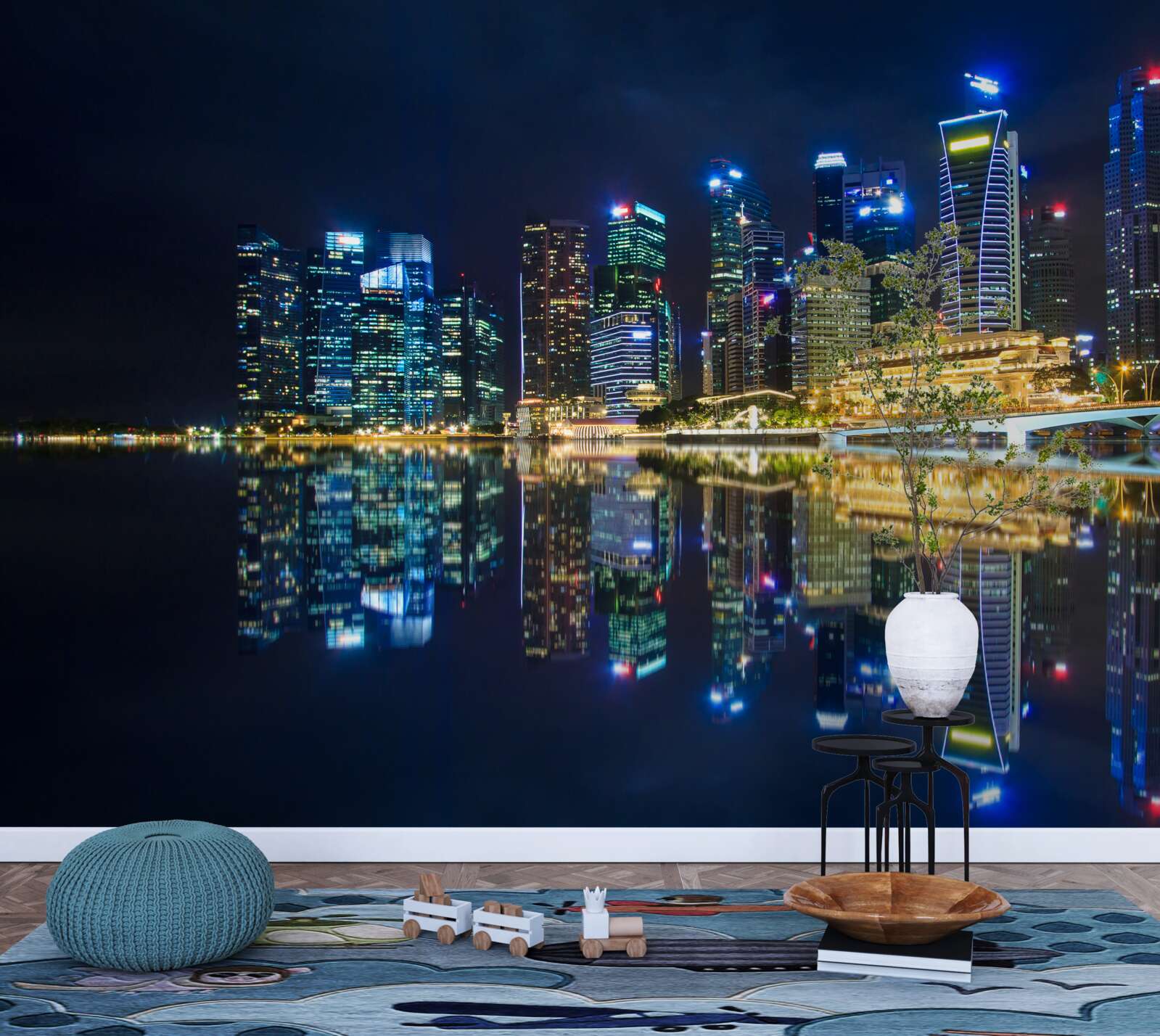Fototapeten Nachtstadt reflektiert in Wasser und beleuchtet mit Lichtern