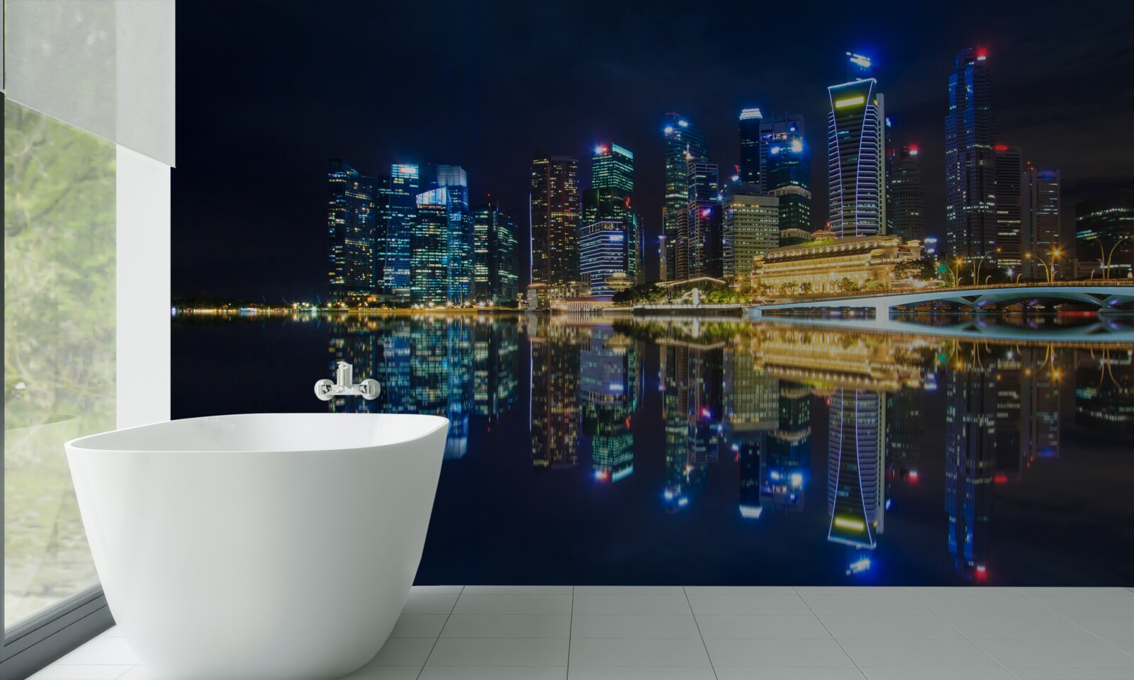 Fototapeten Nachtstadt reflektiert in Wasser und beleuchtet mit Lichtern