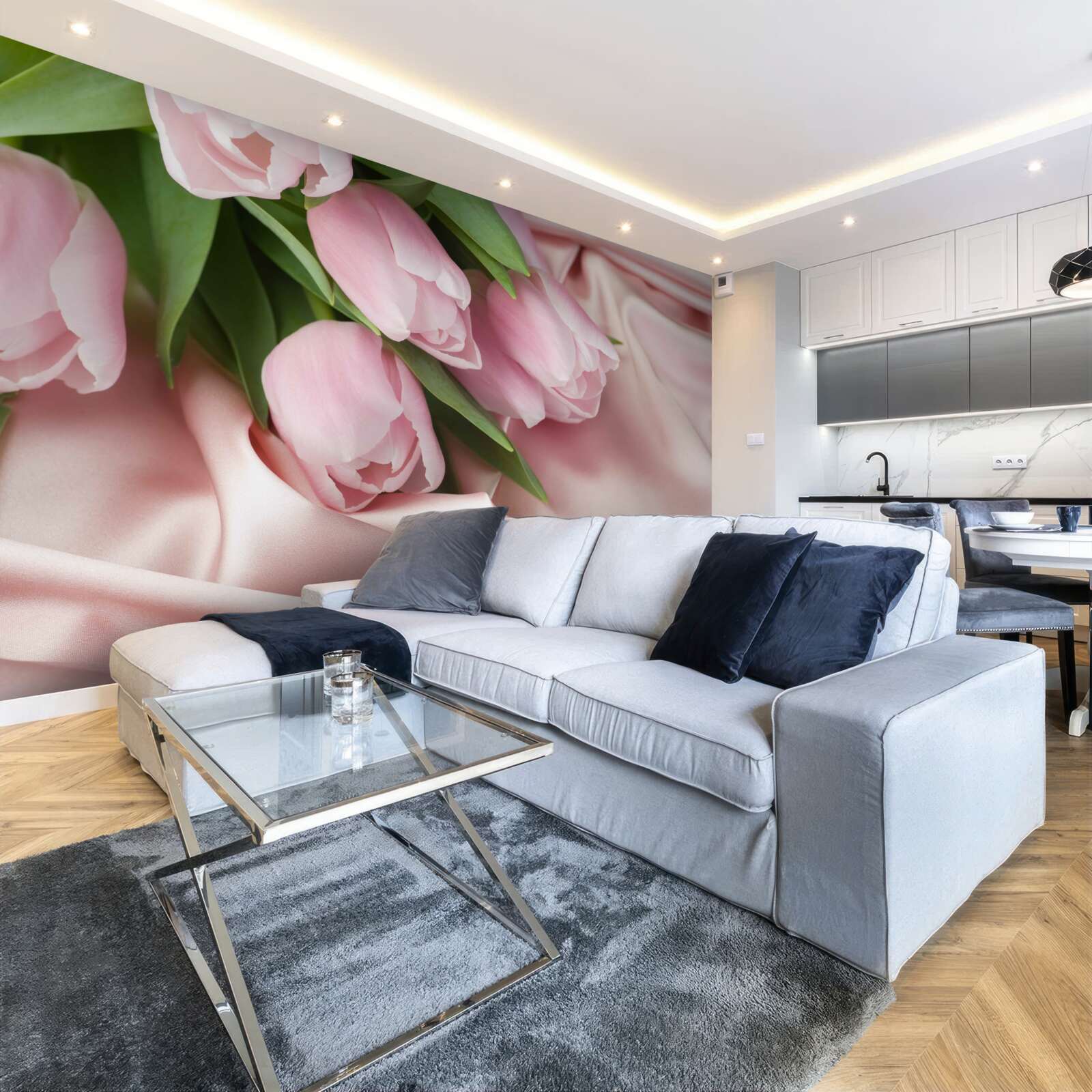 Fototapeten Seide mit zarten rosa Tulpen dekoriert