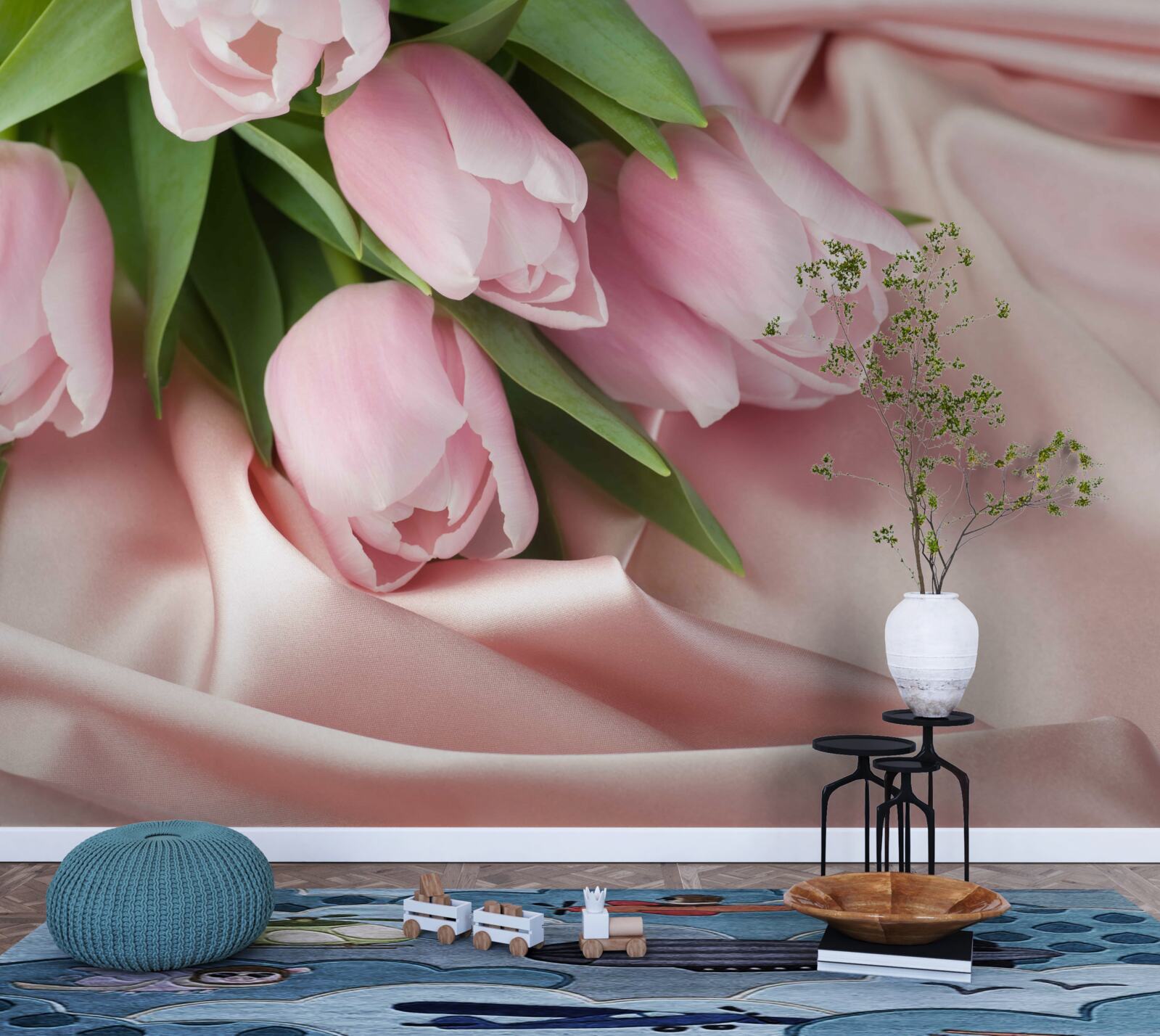 Fototapeten Seide mit zarten rosa Tulpen dekoriert
