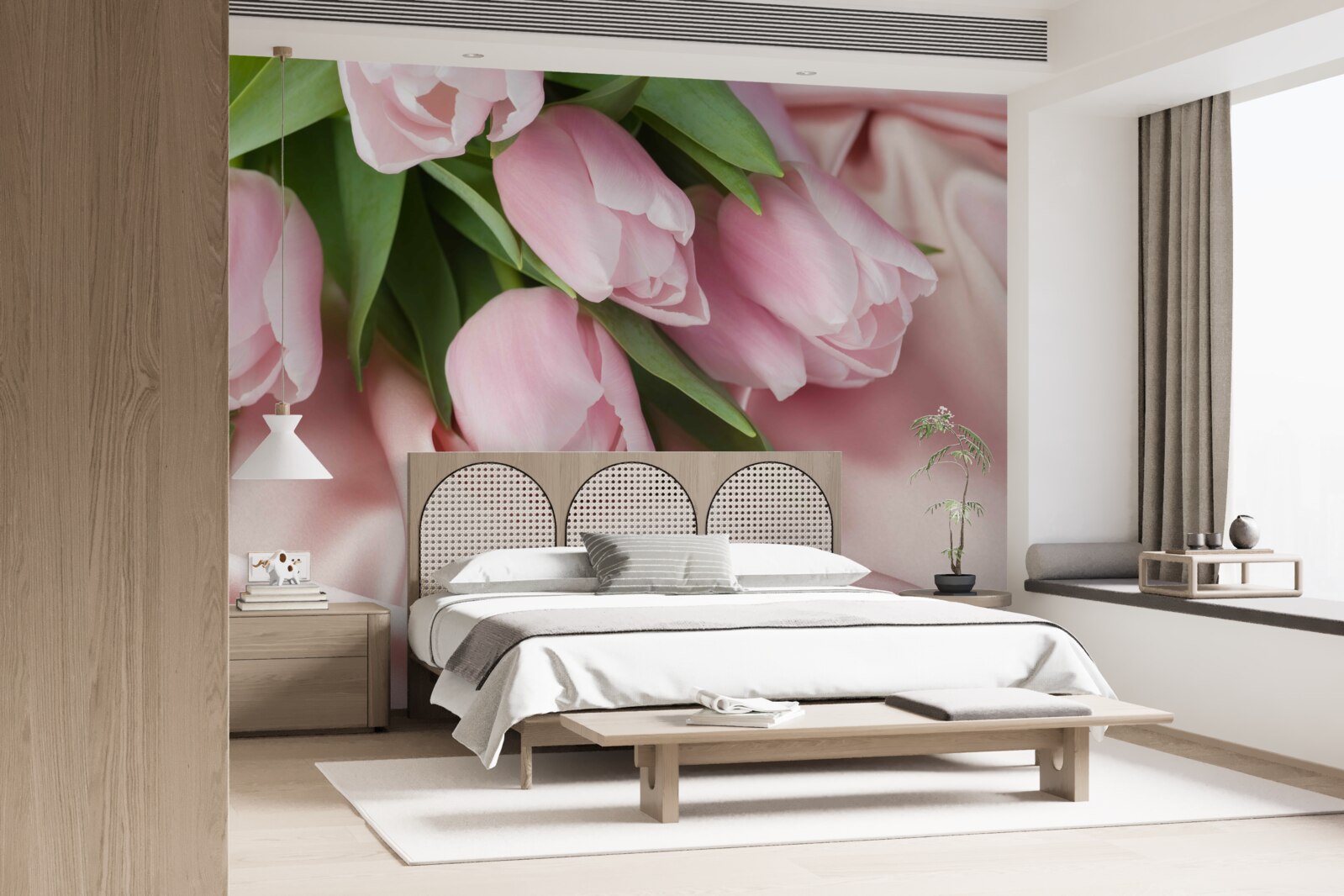 Fototapeten Seide mit zarten rosa Tulpen dekoriert