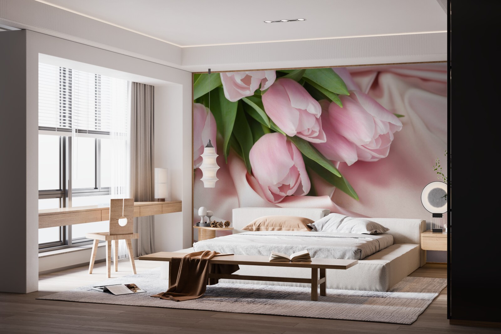 Fototapeten Seide mit zarten rosa Tulpen dekoriert