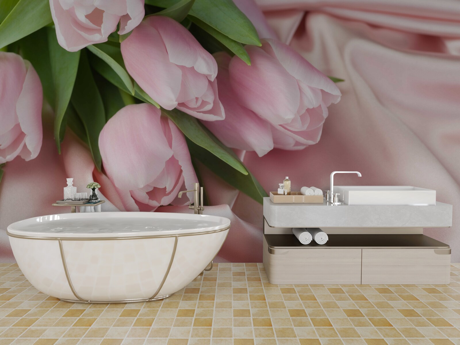 Fototapeten Seide mit zarten rosa Tulpen dekoriert