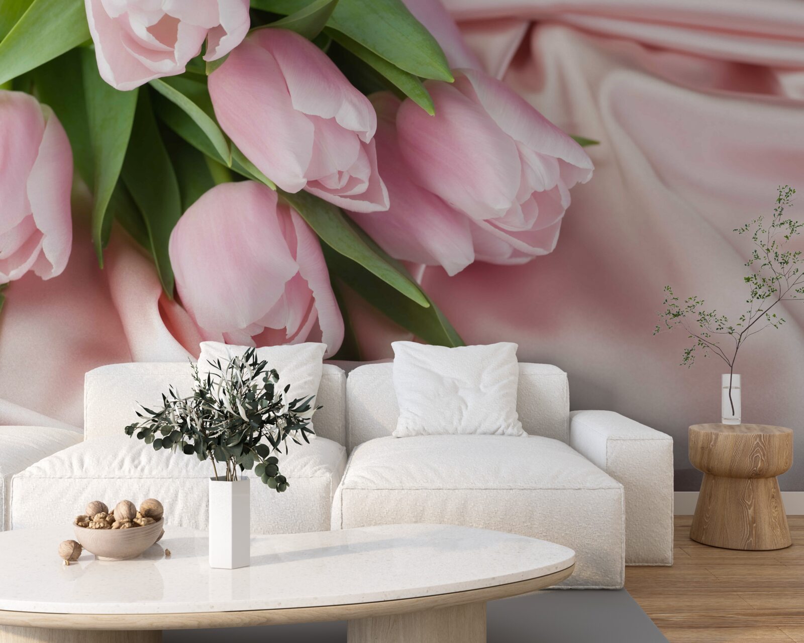 Fototapeten Seide mit zarten rosa Tulpen dekoriert